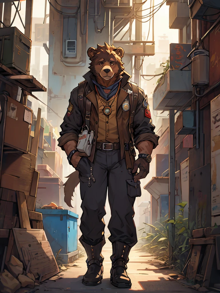 a middle-aged male bear humanoid, bear ears, bear tail, mechanical engineer, wearing a mechanic's suit, in a steampunk style mechanical city