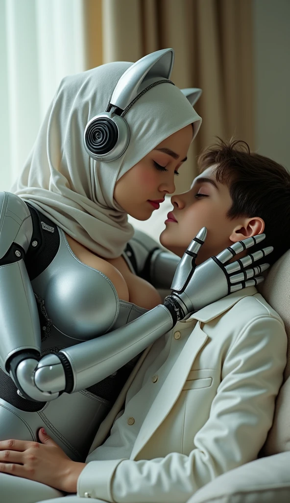 female robot wearing a hijab, big breasts, pink lips, white body, robot arms, long nails, smiling expression, holding and kissing teenage boy on the sex room