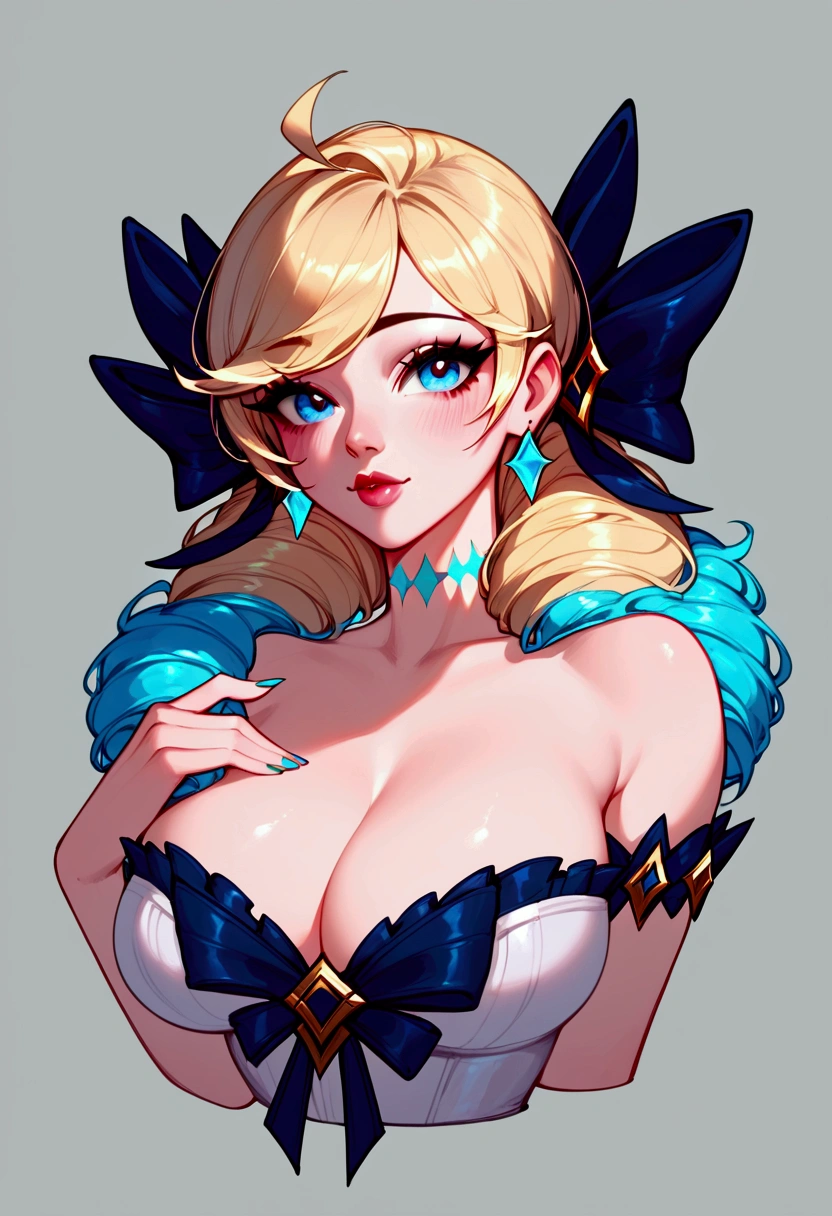 score_9, score_8_up, score_7_up, Gwen (league of legends), 1 girl, blonde hair, sexy, full body, earrings, long eyelashes, sexy, big bust, beautiful face,