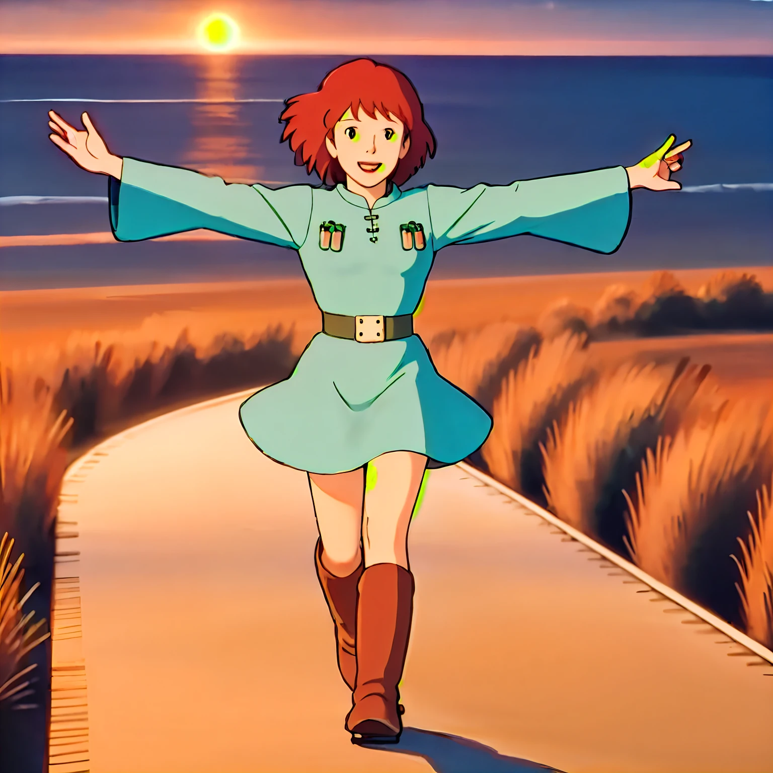 View your viewers,smile,
Nausicaa,One girl,Brown Hair,Brown eyes,short hair,
green_dress,length_sleeve,sunset,Walk with open arms、whole body、boots