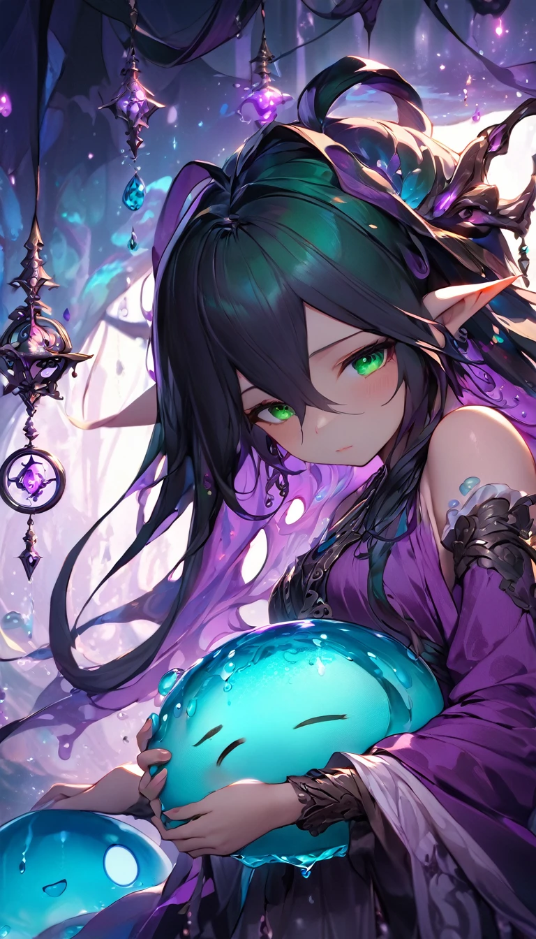 (masterpiece), (best quality:1.4), (perfect anatomy:1.4), high quality, expressive eyes, portrait, detailed face, beautiful face, perfect face, {1 girl}, In her slime form, Danua is a mesmerizing entity, her amorphous body pulsating with vibrant colors and otherworldly energy. She takes on a fluid, gelatinous appearance, constantly shifting and morphing with an almost hypnotic fluidity. Danua's slime form is translucent, allowing glimpses of the swirling colors and patterns that ripple beneath her surface. Shades of deep emerald, green mingle with iridescent blues and purples, creating an ethereal kaleidoscope of hues that dance and shimmer in the light. Her form lacks defined features, instead resembling a constantly shifting mass of gel-like substance. However, there is a sense of grace and purpose to her movements, as if she possesses a silent intelligence that guides her every shift and flow. Despite her lack of a solid form, Danua exudes an undeniable presence in her slime state. She radiates an aura of ancient power and mystique, her ever-changing form hinting at the depths of her enigmatic nature. Overall, Danua's slime form is a mesmerizing spectacle, a symphony of colors and shapes that captivates the eye and sparks the imagination.