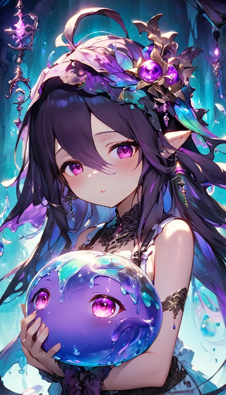 (masterpiece), (best quality:1.4), (perfect anatomy:1.4), high quality, expressive eyes, portrait, detailed face, beautiful face, perfect face, {1 girl}, In her slime form, Danua is a mesmerizing entity, her amorphous body pulsating with vibrant colors and otherworldly energy. She takes on a fluid, gelatinous appearance, constantly shifting and morphing with an almost hypnotic fluidity. Danua's slime form is translucent, allowing glimpses of the swirling colors and patterns that ripple beneath her surface. Shades of deep emerald, green mingle with iridescent blues and purples, creating an ethereal kaleidoscope of hues that dance and shimmer in the light. Her form lacks defined features, instead resembling a constantly shifting mass of gel-like substance. However, there is a sense of grace and purpose to her movements, as if she possesses a silent intelligence that guides her every shift and flow. Despite her lack of a solid form, Danua exudes an undeniable presence in her slime state. She radiates an aura of ancient power and mystique, her ever-changing form hinting at the depths of her enigmatic nature. Overall, Danua's slime form is a mesmerizing spectacle, a symphony of colors and shapes that captivates the eye and sparks the imagination.