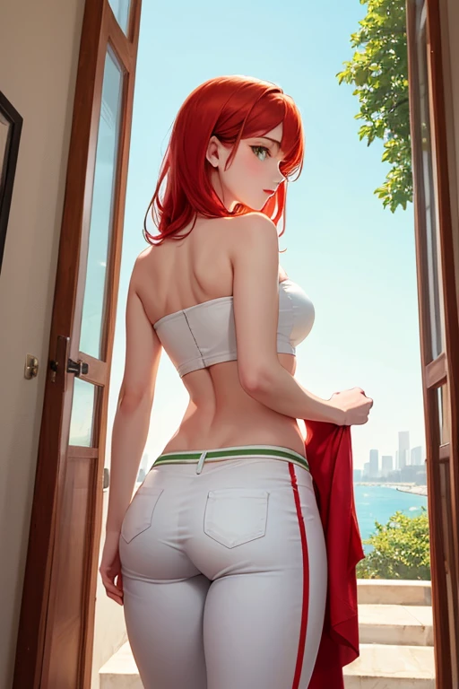 Professional photo, defined muscles, red hair, female back, girl in a white realistic bed, (((collar)))), background of a window overlooking the sea, large white curtain, sunlight, turned back, top, white langerie, back view, (kneeling on all fours)