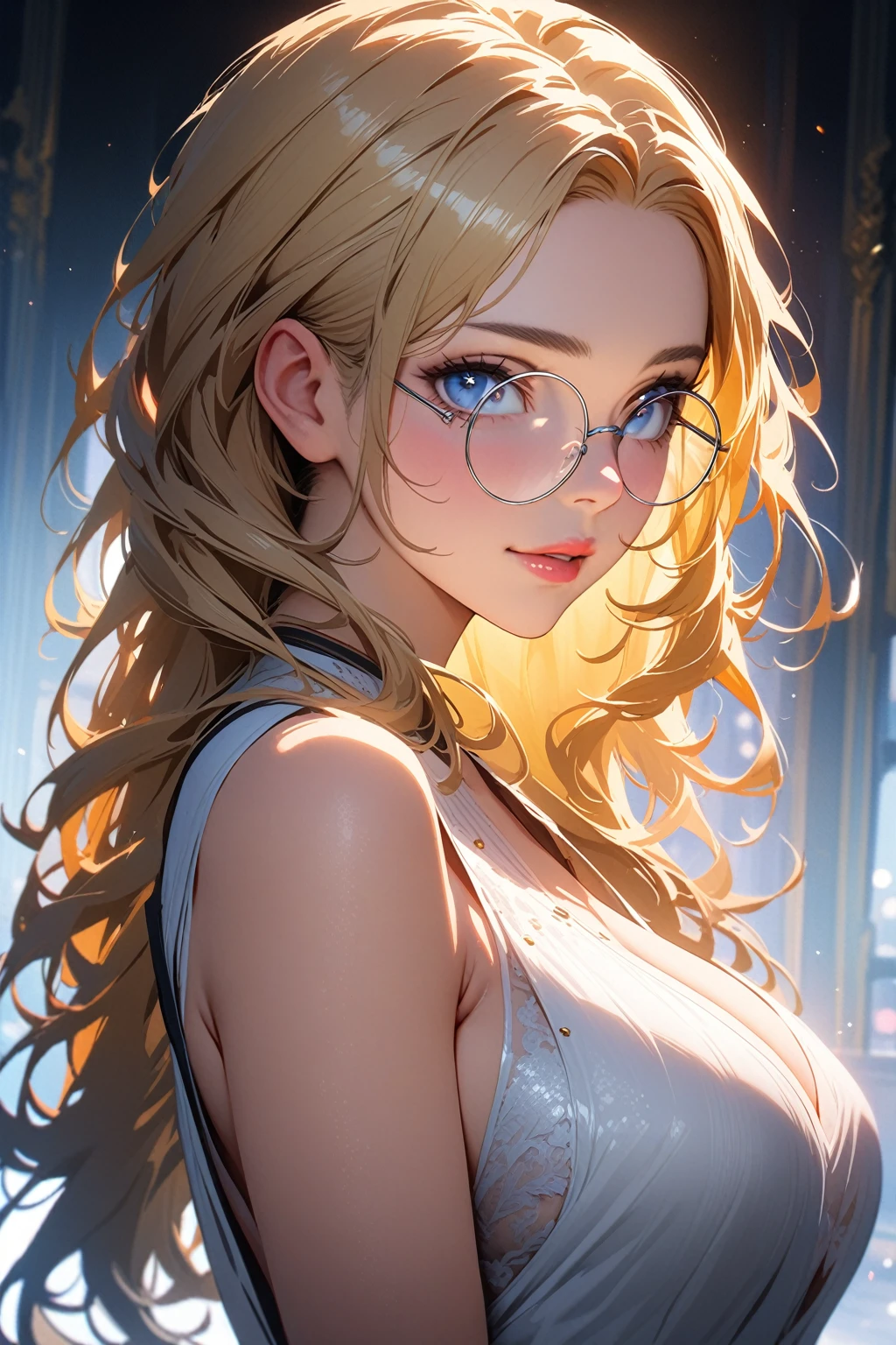masterpiece, best detail ,(distinct_image), extreme  cg,
delicate beautiful woman, (large breast, blond hair,  glasses, dressing suit  ),looking looking up from intersection,
building, decollate skyscraper,  tower,  clock tower,  stacking,  skyline, 
from behind, from below,  upper body, 
cloudy night sky, moonlight,  cold lighting