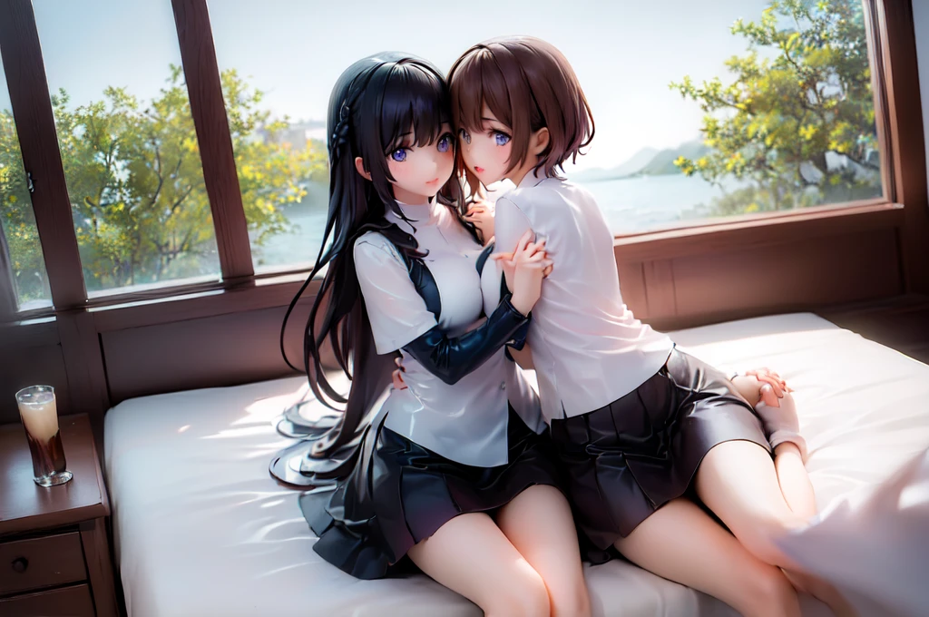 (Two girls hugging each other and holding hands:1.8), (Sitting on the bed:1.5), (Torn and tattered nun&#39;s uniform:1.5)、(Big Breasts、Cleavage、Butt:1.5), (Crying in fear:1.5), (Simple Background:1.8), (Highest quality, masterpiece: 1.5), (2.5D)、(((Skin glowing with oil:1.3)))、(Body covered in milk:1.5)、 (dynamic angle:1.8), (Raise the hand, Leg spread:1.3), ((((Wet)))), (((Spread your legs:1.5))),extremely quality photograph, Sharp focus, Spectacular realism, Realistic, sauce_photograph, Proper placement, evaluation_Explicit,32K,(photograph realistic:1.3),whole body, View your viewers, Break 1 Female, short hair, Arms raised and armpits,   A large amount of semen adheres to the body. ((Soaking wet)), Woman being fondled by 多くの手, Shiny wet background, (((groped by many disembodied hands、Grabbed))), Orgasm Expression, whole body,(((Grab your arm, caress the face, Massage, Explore, Grab, Grab your chest, touch))), (Oily wet skin;1.3), ((Soaking wet)),  Very good, No pants, (squat), (Spread your legs), (Skinny body), Beautiful white skin, Small Mouth, Realistic skin texture, sexy, Browsing Caution, 