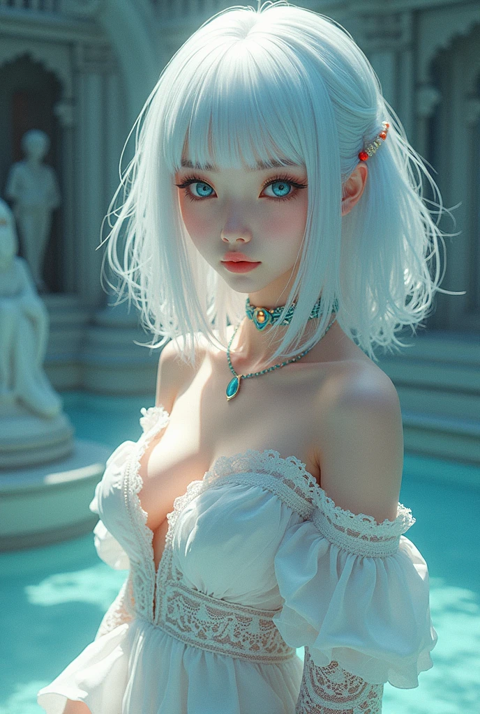 masterpiece, best quality, 8K resolution, very detailed, hairy,blue eyes, gray hair, Short hair, water elements, Underwater background, White cat, White skin, white stripes, White bracelet, corals,bubble, Gold earrings