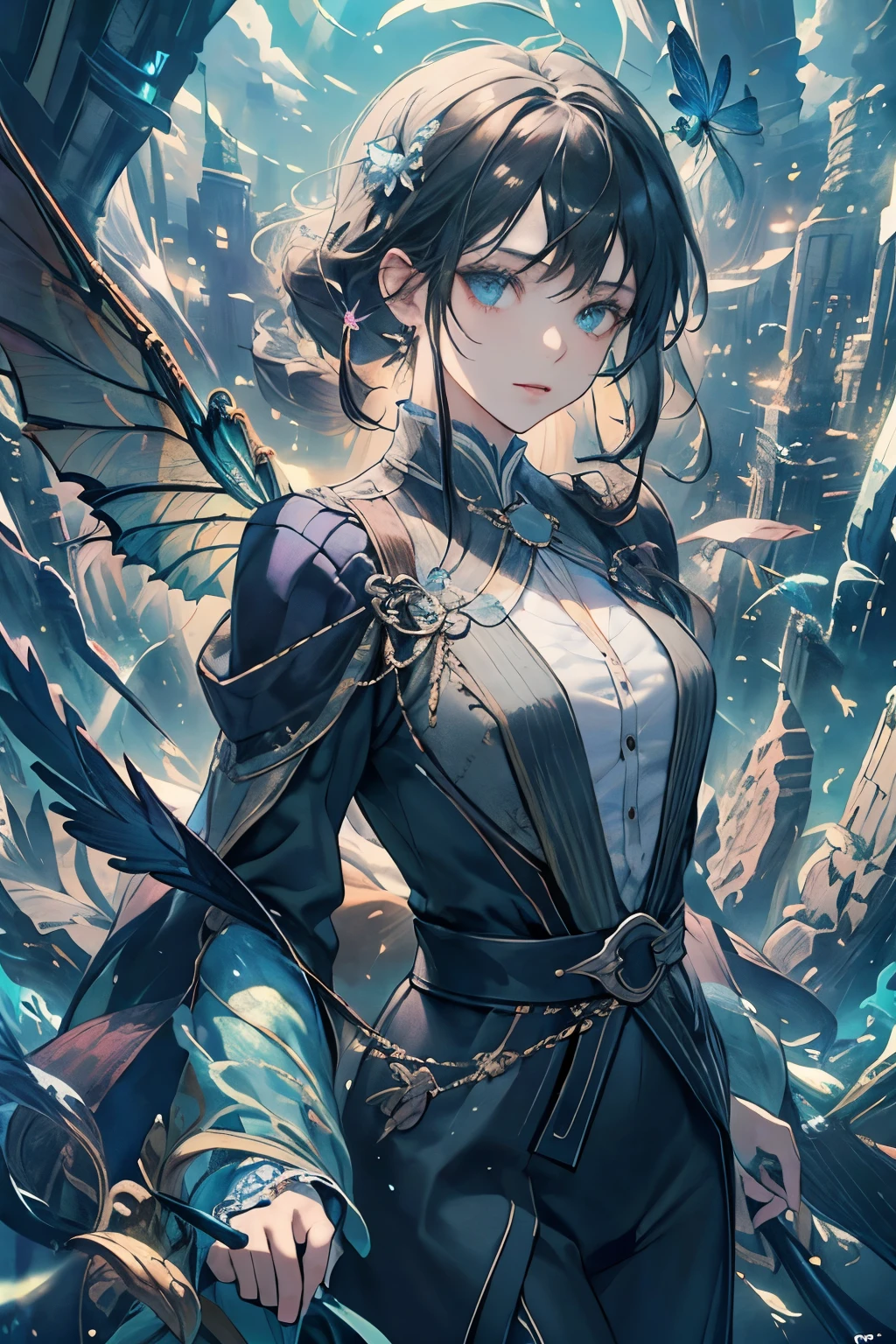 ((best quality)), ((masterpiece)), (detailed), modern day city setting, dragonflies flying through both lower to upper part of the images, high quality, Surreal art, shimmer, Approaching perfection, Ultra High Quality, Reflective materials, shadowy, Volumetric lighting, 8K resolution, ultra-detailed, beautiful and delicate detail