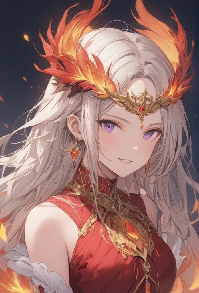 (masterpiece,best quality,absurdres,4k,8k:1.2),1girl,phoenix emperor edelgard_von_hresvelg,Long middle parted white hair,purple eyes,brightly lit fire in the middle of a serene night, fiery sparks rising, a majestic phoenix ((wearing a fiery feathered dress)) emerging from the flames descends, flaming wings with intricate details and vibrant colors, feathers softly glowing with warm hues, eyes glowing with intense light, feathers softly glowing with warm hues, wings spreading wide in mid-flight, radiating fiery energy,((crimson witch of flames costume)), ultra-detailed,(ai-generated:.25),grand cathedral,transcendent beauty,awe-inspiring artwork,face focus,dsmile:.25,eye focus