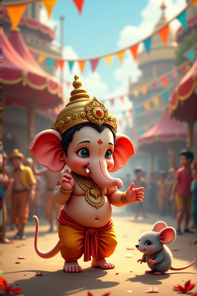 Lord ganesha helping Indian small ??? to sell toys with Indian crowd market 