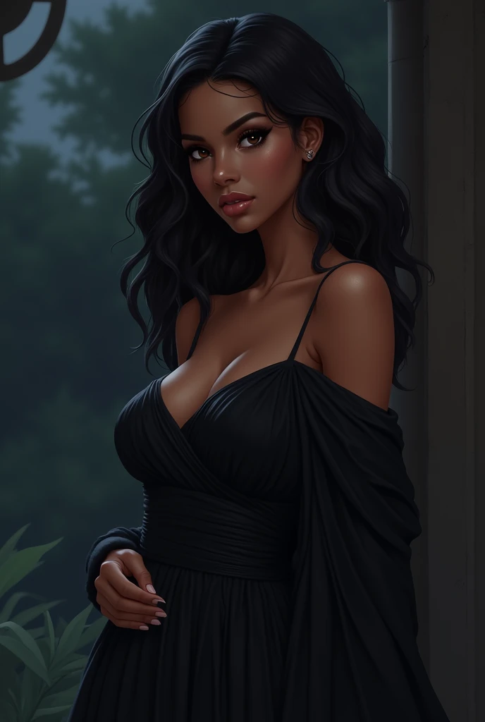 hazy dnd rpg style full body high detail fantasy portrait oil painting illustration of a mysterious quiet powerful rude young beautiful mean looking away quiet mystery beautiful arab exotic caramel brown skinned woman face, in a beautiful scenic background, almond purple eyes, straight extremely curly 3c curly long black ebony hair, acotar fae , high quality, sombre mood, muted colours, entire person visible! , dainty face dreamy ethereal sexy short silk black dress sexy big breasts mysterious long straight hair dreamy ethereal dark aesthetic