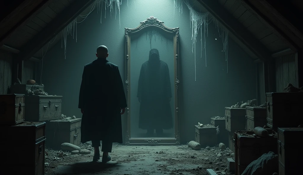 
A man standing in front of an old, clouded mirror, with a terrified expression on his face. The reflection in the mirror is a dark cloud that seems to be moving, with undefined contours that suggest an evil presence. The cloud is emerging from the mirror, as if about to engulf the man. 