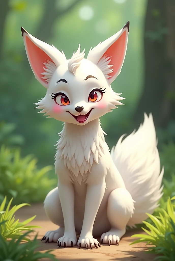 score_9, score_8_up, score_7_up, score_6_up, source furry, vulpera, female, raised tail,  full body, solo, cute expression, multicolored body, black nose, cute fangs, pink eyes, spiked collar, detailed background, forest, night, back view, grey fur