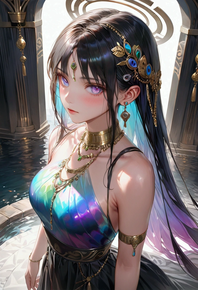 An Egyptian princess with an aquatic appearance, vestindo uma fantasia em tons de azul e verde, adorned with pearls and coral. Her black hair is long and loose, with seashells intertwined. She is standing on the bank of the Nile River, watching the water flow with grace and ease.
