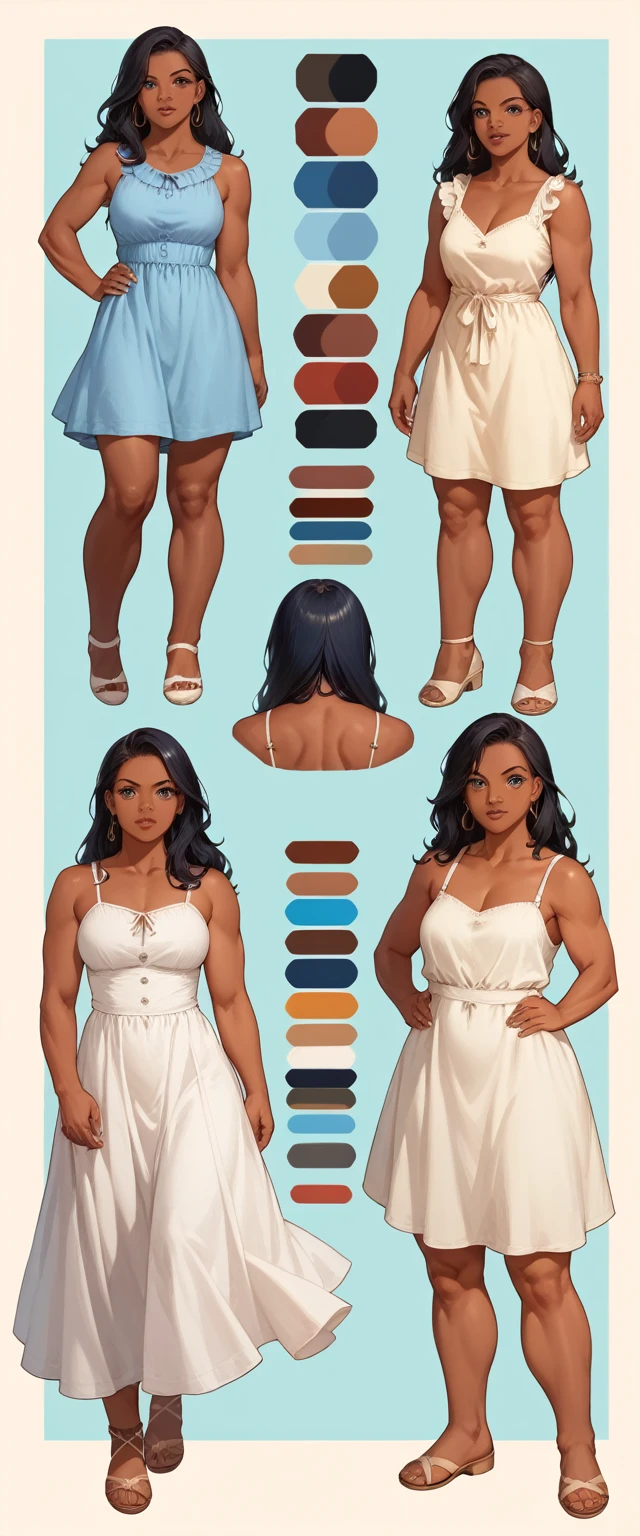 ((masterpiece)),(((best quality))),((character design sheet)), ((full body view)) illustration,1girl, thick thighs, ((sundress:1.2)), blue black hair, ((detailed face:1.4)) beautiful african american woman, scribbles and marks, rough sketches, solid color backdrop, clean backdrop,