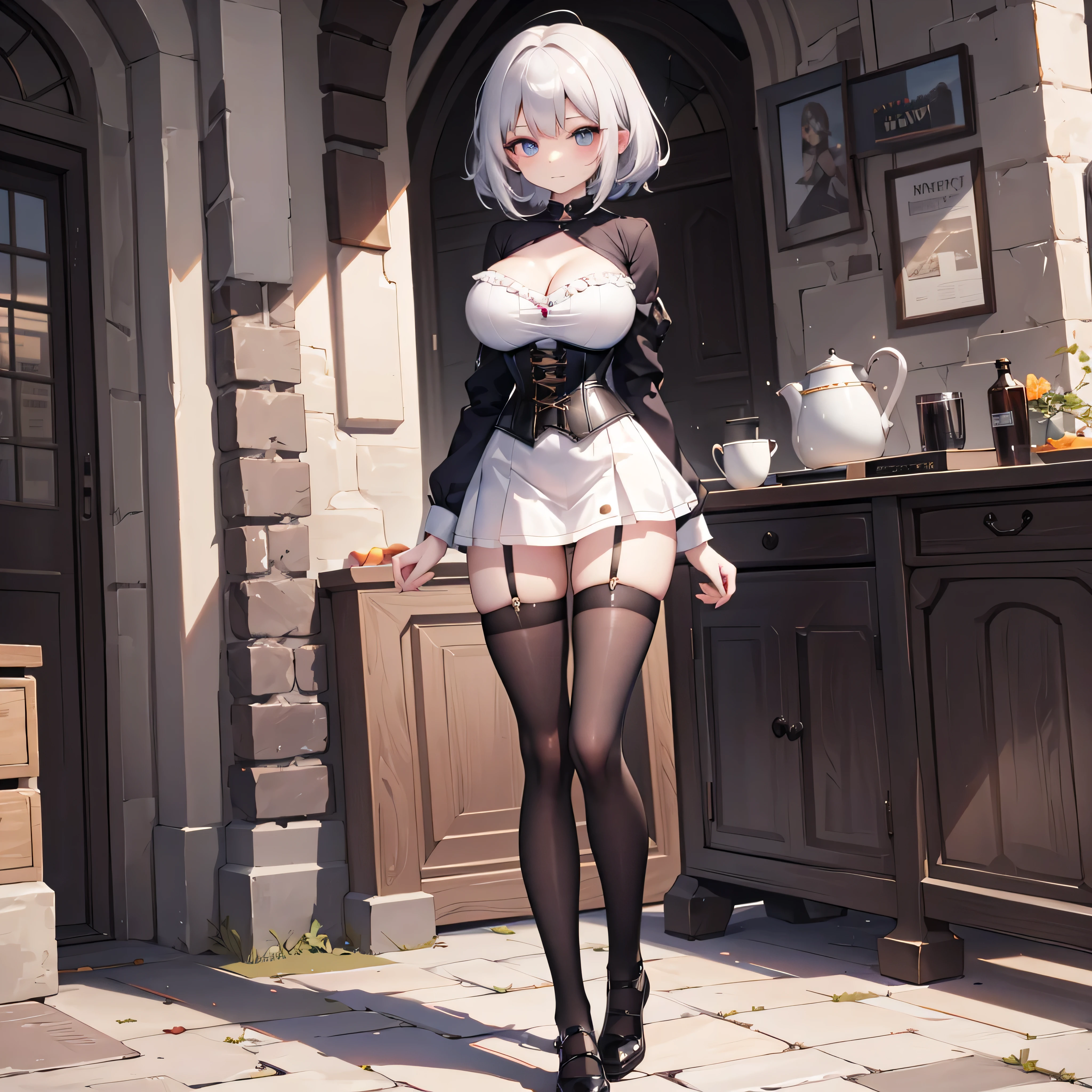 (12th Century Europe), landscape, BREAK, (solo), (1 skinny standing alone:1.2), (bouncing huge breasts), too narrow waist, short torso, BREAK, wiry corset cinches waist too tight, (too short skirt), thigh gap, (inky-black thighhighs)