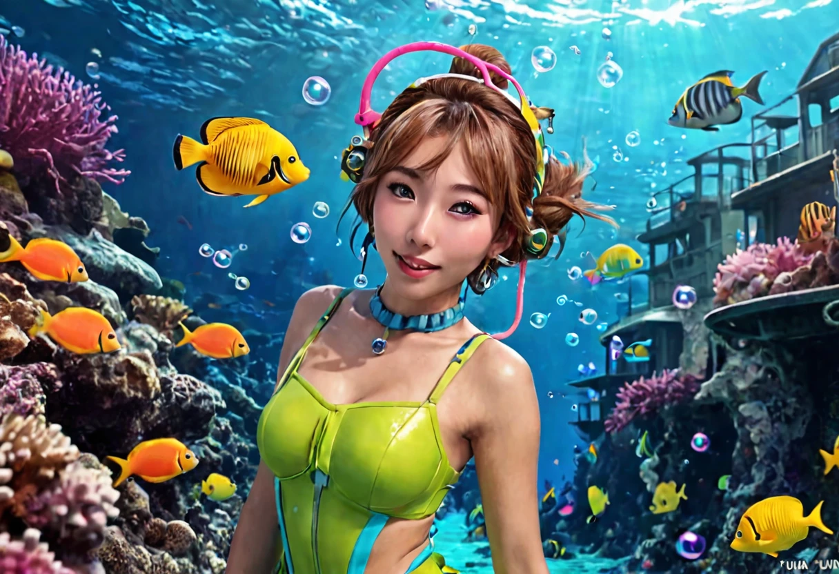 (realistic fantasy,cute yuna,brightly colored skin, snorkel coming out the top of her head trailing bubbles, cute colorful dress,yuna as snorkel cartoon tv character,happily going about undersea city life,highly detailed,vibrant colors,cinematic lighting,beautiful detailed eyes,beautiful detailed lips,extremely detailed face and features,long eyelashes,intricate details,photorealistic,8k,masterpiece,digital art)
