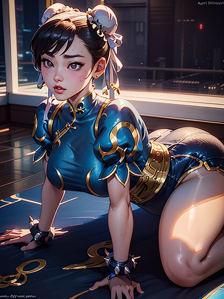 a beautiful young mongolian girl,,extremely detailed face and eyes,leotard,on all fours,ah ah ah,dynamic sex positions,chun li outfit,highly detailed,3d render,hyperrealistic,octane render,8k,cinematic lighting,photorealistic