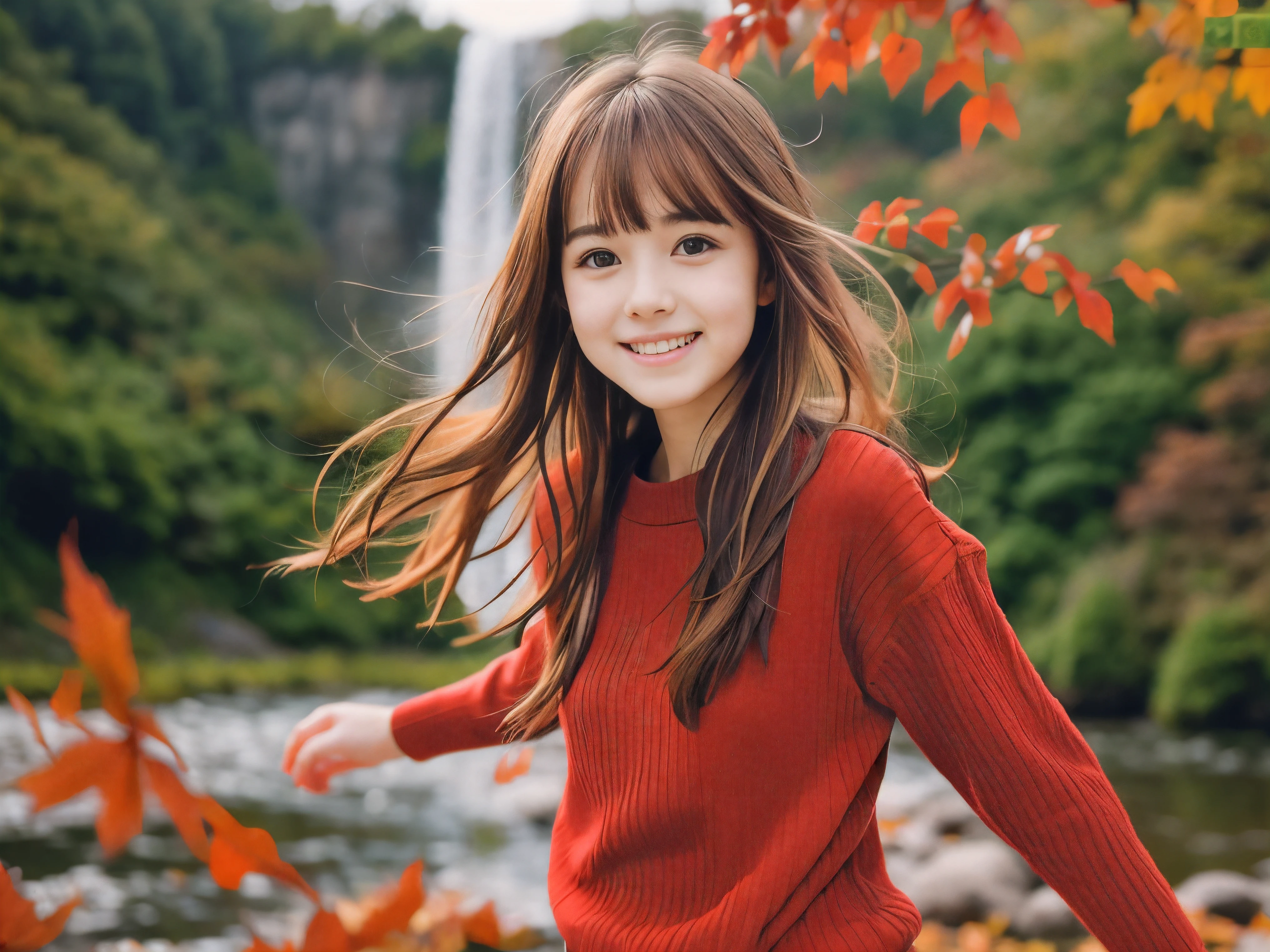 (Close up face shot of one slender small breasts red brown wavy long hair with dull bangs girl in a long sleeves shirt and sweater and skirt:1.5)、(One girl is dancing with happy smile on the dart road near the lake and big waterfall in Japan:1.5)、(Beautiful autumn red leaves landscpe:1.5)、(Natural light:1.5)、(8k ultra detailed master piece:1.5)、(perfect anatomy:1.5)、(Photorealistic stick:1.5)、(Raw photo:1.3)、(highest quality:1.5)、(High resolution:1.3)、(Delicate and beautiful perfect face:1.3)、(Delicate and beautiful eye air skin:1.3)、(Real Human Skin:1.3)、((thin legs))