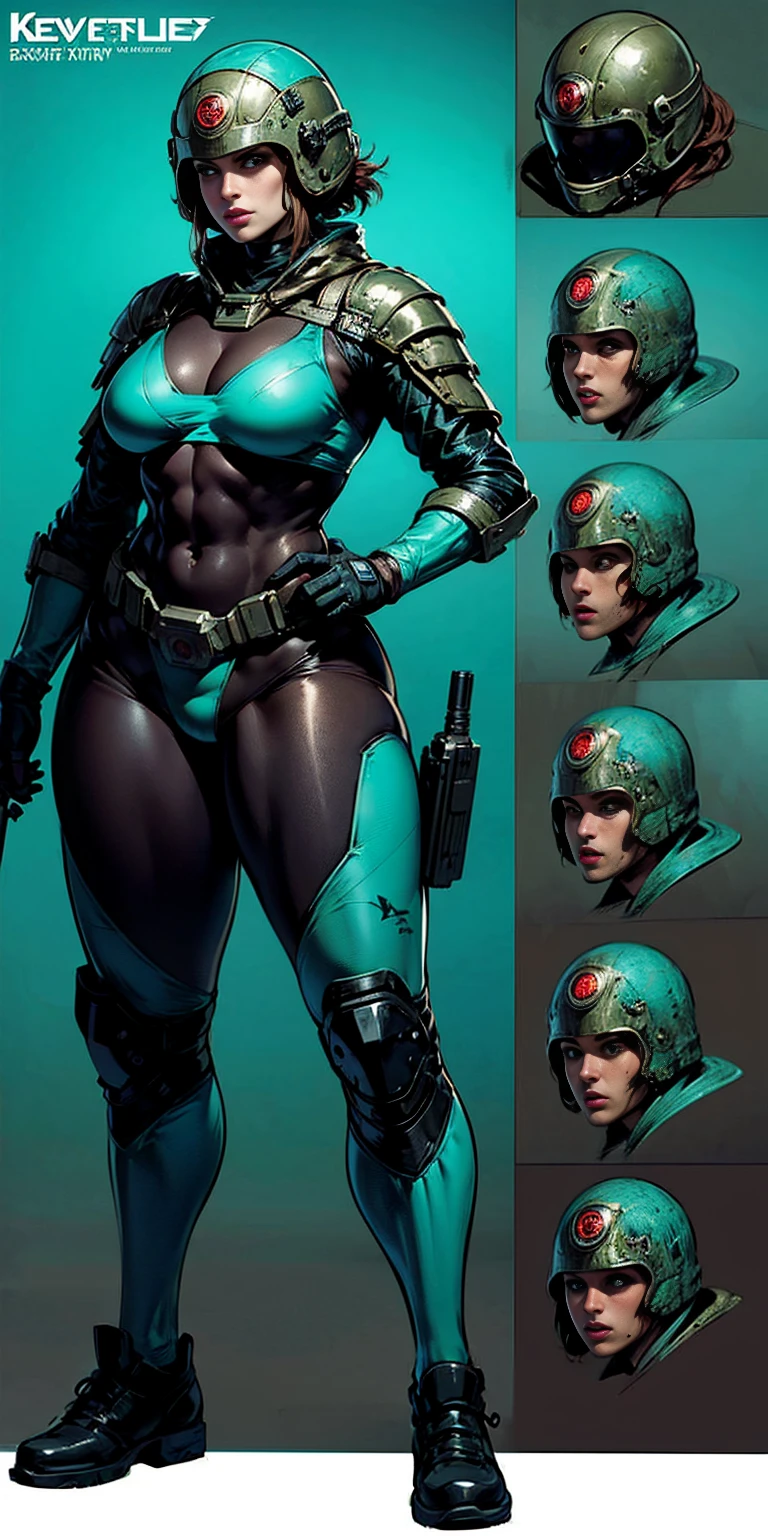 Masterpiece, High quality, ((character concept art)), ((character design sheet, same character)) a futuristic-looking female military commander, wearing a ((kevlar helmet)) and is dressed in ((turquoise suit)), holding weapon, holding gun, wearing epTactical, XCOM game inspired, XCOM character, ((wide hips)) tall, video game character design, accessories, Expert high detail concept art, comic book style, intricate comic book outline line work, flat colors, concept art, solid background