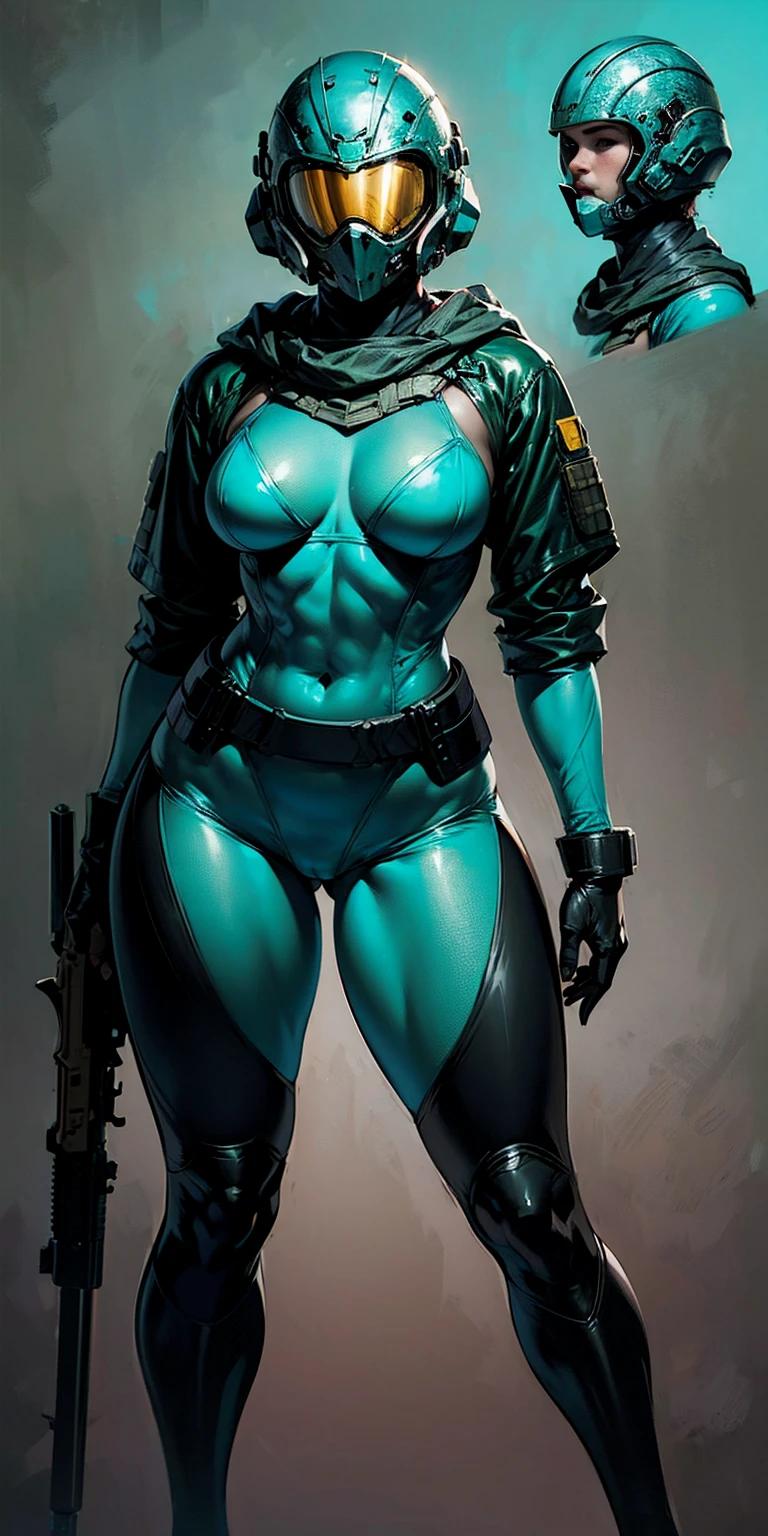 Masterpiece, High quality, ((character concept art)), ((character design sheet, same character)) a futuristic-looking female military commander, wearing a ((kevlar helmet)) and is dressed in ((turquoise suit)), holding weapon, holding gun, wearing epTactical, XCOM game inspired, XCOM character, ((wide hips)) tall, video game character design, accessories, Expert high detail concept art, comic book style, intricate comic book outline line work, flat colors, concept art, solid background