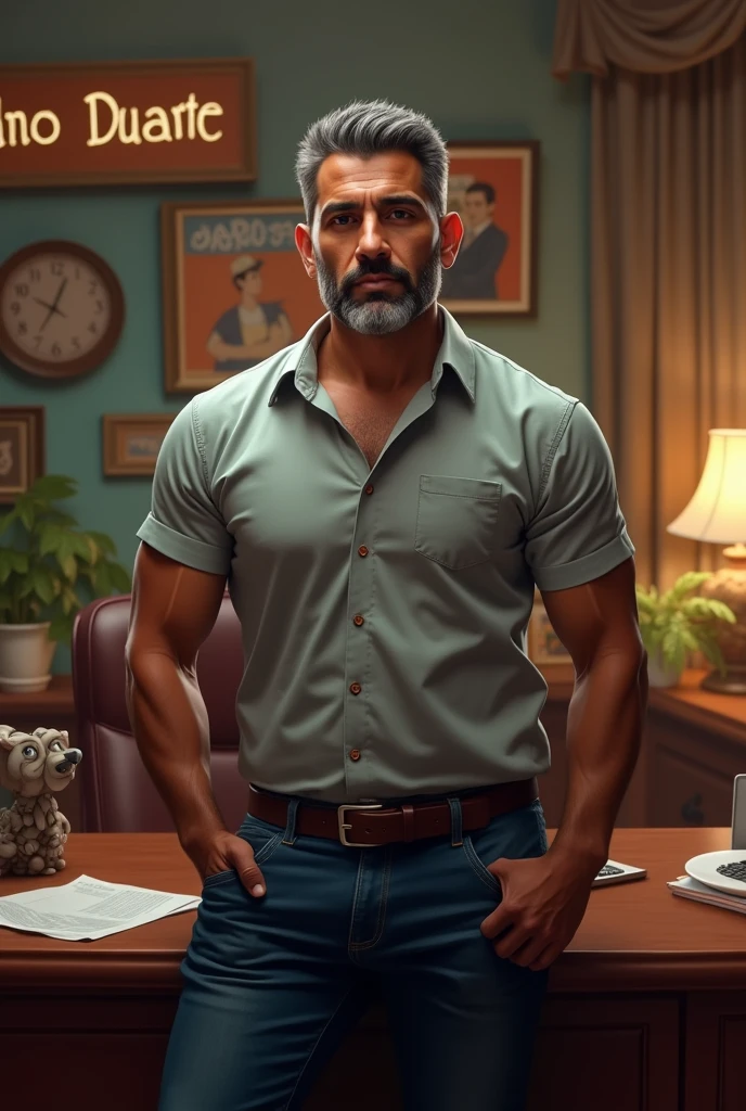 homem musculoso, peitudo, com peitoral grande, Barba por fazer, cabelo castanhos, olhos azuis. , peitoral grande, big pecs, estilo cyberpunk, stubble beard, sentado no sofa, fazendo carinho no seu gato