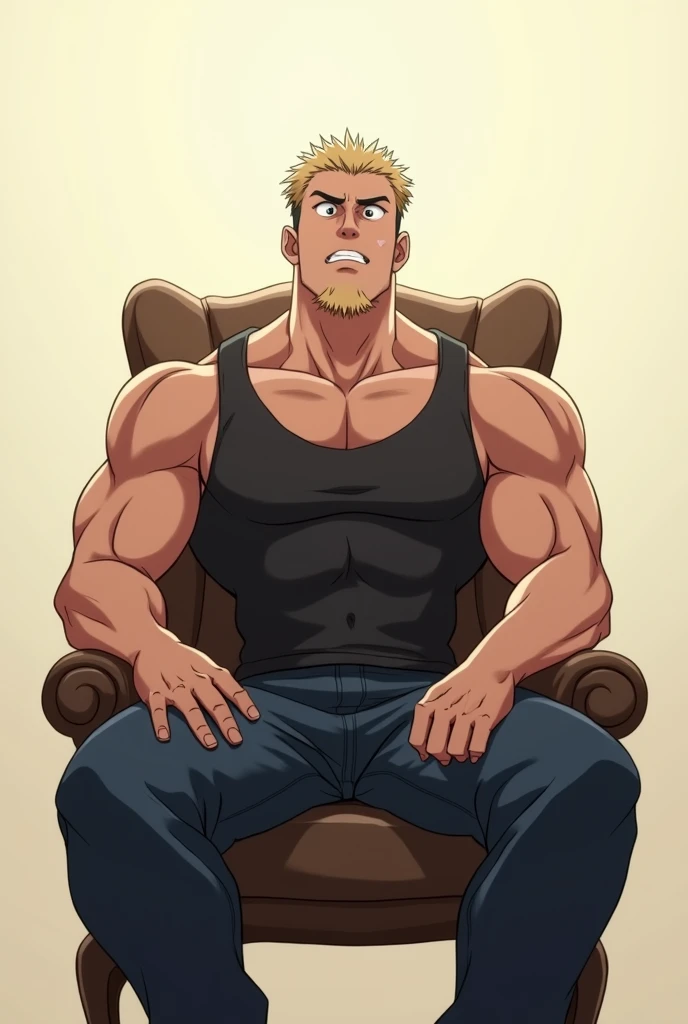 One handsome man at home, very lewd, Stately, lateral view, below pov, fully body, 50 years old, short hair , thick beard, dark oliva skin color, wide pectorals, huge pecs, very hairy chest, sultry posing, laughing at the spectator, he is sitting with his legs open, wearing a very cleavage tank top and black speedo underwear, very cleavage shirt, sunglasses, bare arms, big bulge, thick thights, Wonderful highly detailed masterpiece, beautiful cinematic light deep focus, chic, digitalpainting, seeds, sharp focus, golden ratio, dramatic lighting, 8k
