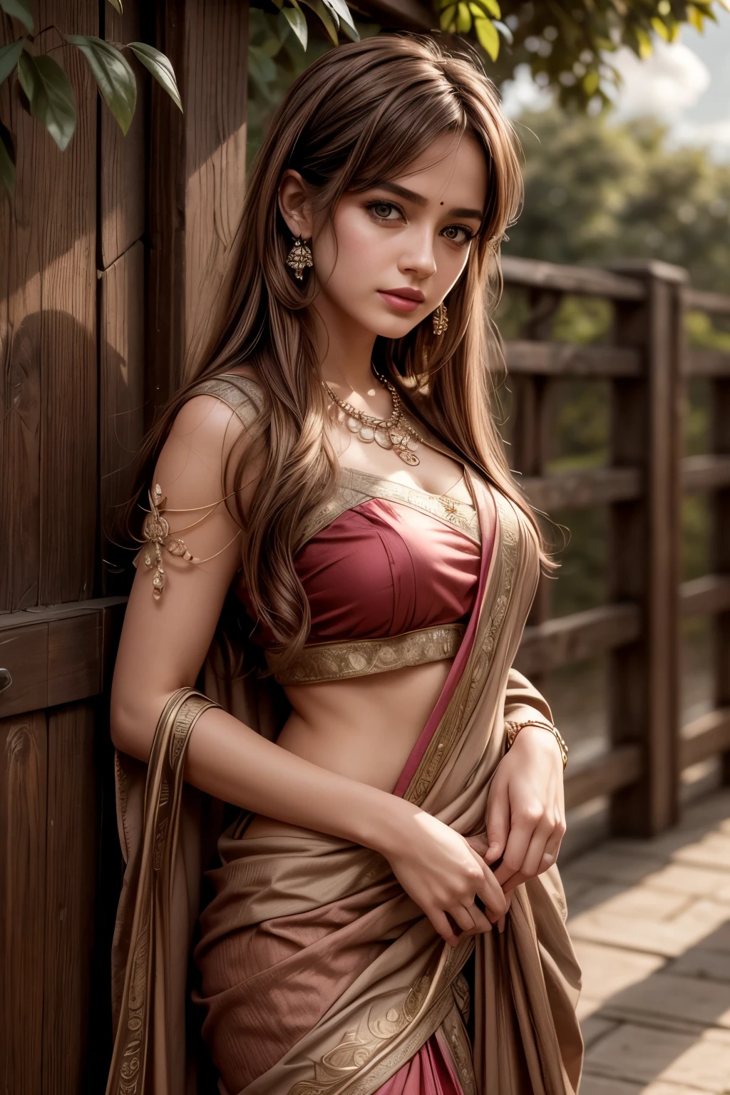 (masterpiece),(best quality:1.0), (ultra highres:1.0), detailed illustration, 8k, anime, 1girl, beautiful anime girl, in a sari, wearing a pink sari, pretty pose, pretty face, detailed face, beautiful eyes, dark red eyes, detailed eyes, red lips, red lipstick, slightly brown hair, pink flower on ear, highlights in hair, standing, red flowers on a tree in the back, open sky with clouds, detailed, intricate, anime style, highly detailed