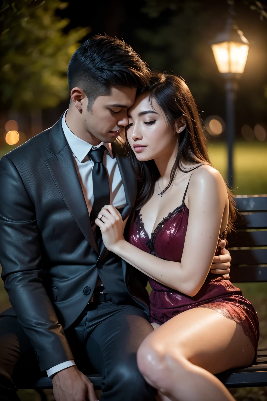 Intimate and high-quality photos of (Couple:1.2), Sit On (Bench:1.1), (Enchanting Light:1.1), sexy, passionate, exquisitely detailed, (sweat:1.1) with (glittering droplets:1.1), castle backgrounds, Sony Alpha 7R IV Camera, Digital Photo, f/2.8 lens, black-red, , Too many realistic textures, trends on social media, night light