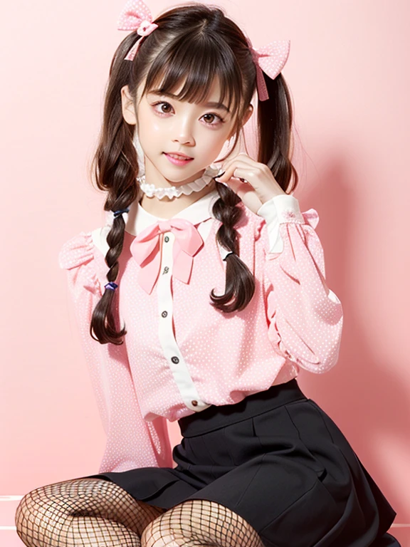 masterpiece, best quality, (jirai_kei),1girl, solo, long_hair, looking_at_viewer, shirt, black_hair, long_sleeves, bow, ribbon, twintails, sitting, monochrome, hair_bow, heart, pantyhose, frills, food, shoes, choker, blunt_bangs, black_skirt, pink_eyes, stuffed_toy, pink_background, stuffed_animal, frilled_skirt, pink_bow, (fishnets), candy, bandaid, pink_shirt, teddy_bear, lollipop, (fishnet_pantyhose), platform_footwear, pink_theme, pill, heart-shaped pupils,