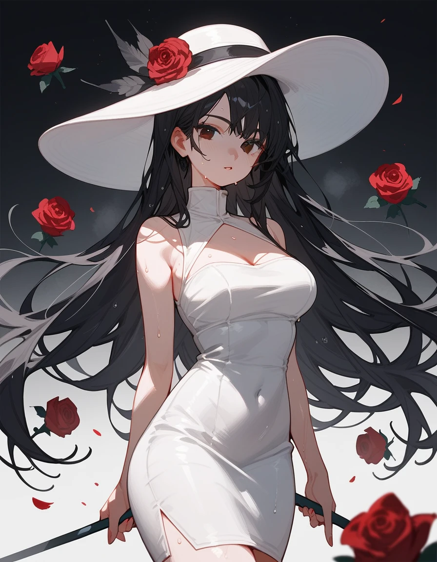 White woman, Black hair, Giant White hat, Red eyes, Thick body, Huge breasts, Big boobs, Big ass, Tall, White dress, Anime style, Ghost aura, sexy body