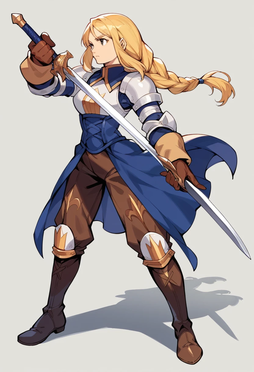 score_9, score_8_up, score_7_up, score_6_up, score_5_up, score_4_up, source_anime, 1girl, solo, dynamic angles, dynamic poses, BREAK agrias, blonde hair, braided ponytail, shoulder armor, armor, corset, brown pants, brown gloves, knee pads, boots, holding sword, 