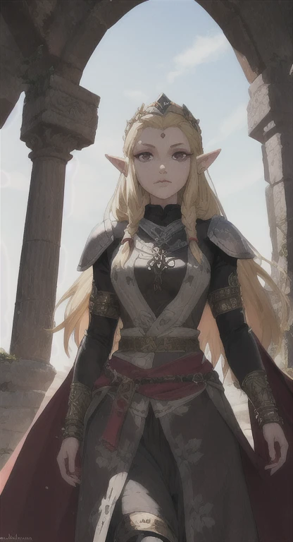 Ancient Hylian, princess Hylia, blonde, red eyes, looking at viewer, POV, ancient princess armor, long messy hair, ancient Hyrule, medieval castle, 