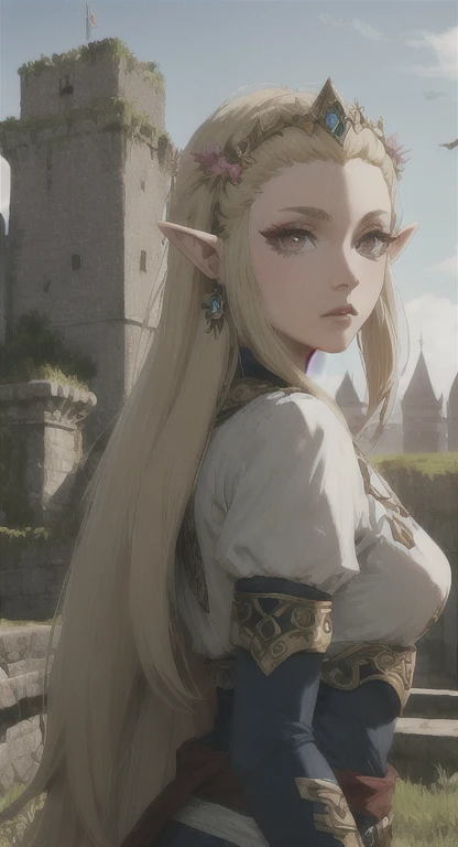 Ancient Hylian, princess Hylia, blonde, red eyes, looking at viewer, POV, ancient princess armor, long messy hair, ancient Hyrule, medieval castle, 