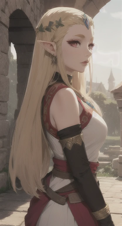 Ancient Hylian, princess Hylia, blonde, red eyes, looking at viewer, POV, ancient princess armor, long messy hair, ancient Hyrule, medieval castle, 