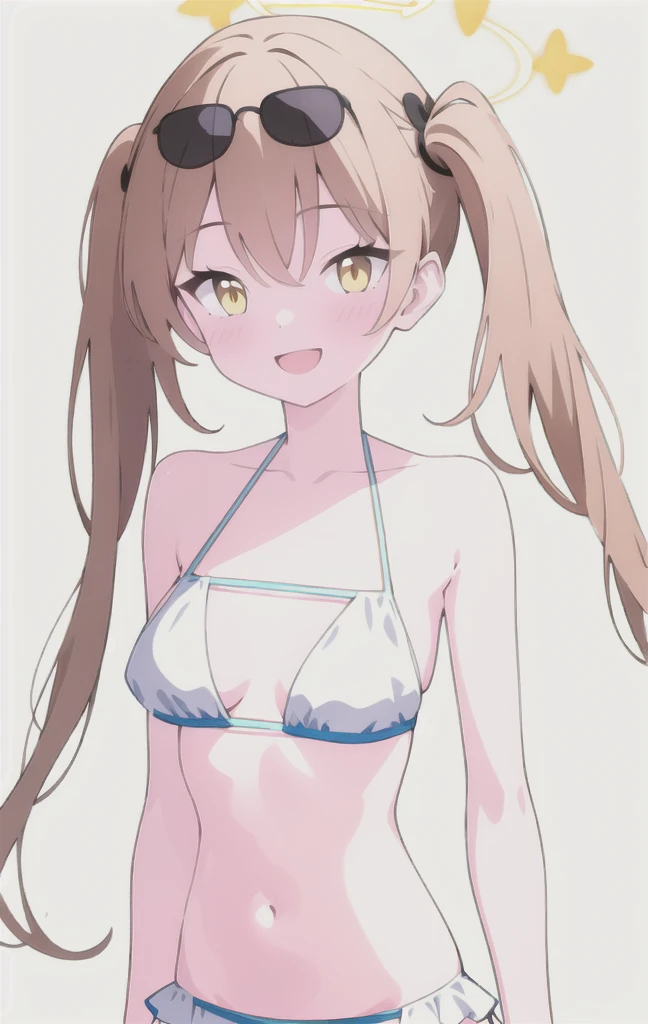 Highest quality,masterpiece, best resolution, nsfw, 1 girl, (nude), (flat chest:2.0),nipple,shaved pussy,arms behind back,outdoor,poolside, smile, standing, face viewer, horse ears, horse tail