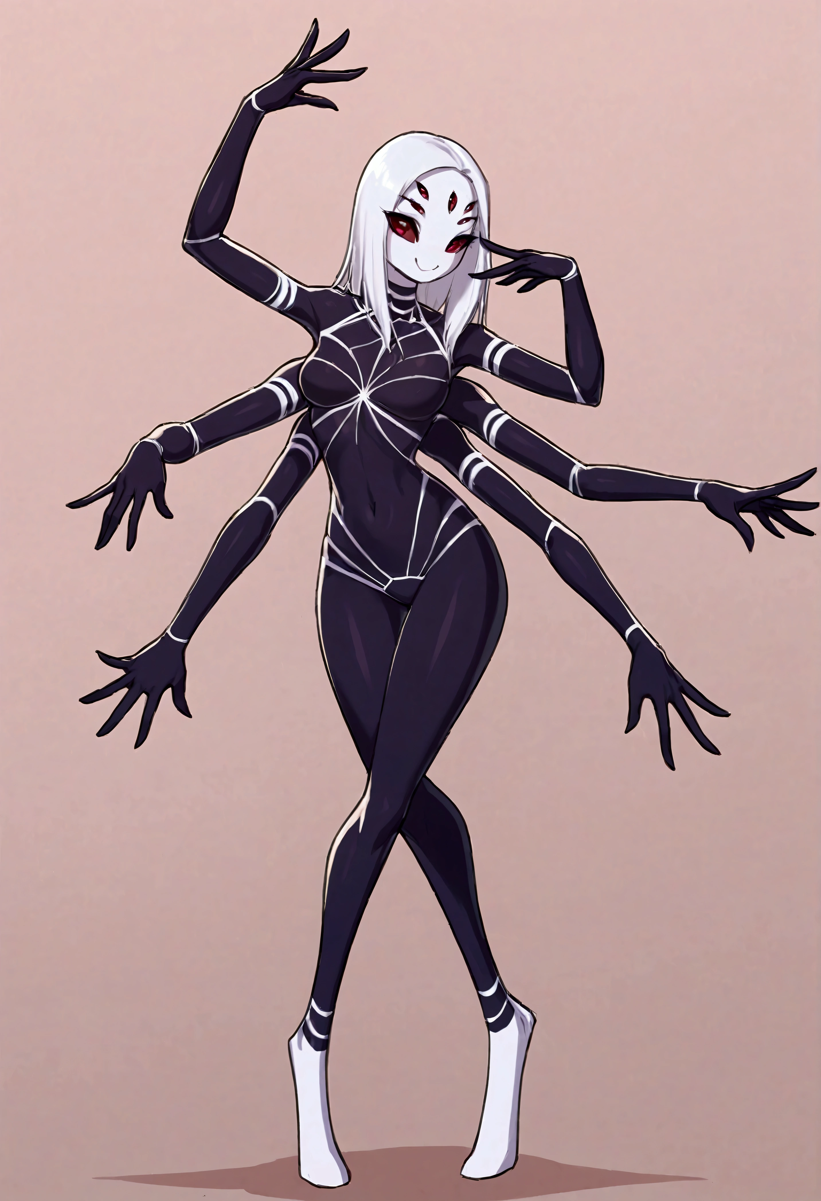 score_9, score_6_up, source_anime, source_anthro, rating_safe, [rating_explicit], (solo), front view, looking to viewer,

(1girl), adult, (female, Arachne, spider girl), (age 26), (pale skin with black marks), ((long black hair:1.5), glossy hair, hair with red streaks), (short height, thin body, strong body), (six arms:1.33), (flat chest), ((eight eyes)), (green eyes), 
standing, (full body portrait), (detailed eyes, detailed body), (wearing slave collar, wearing slave top and bottom), 
(red carpet, circle arena), (slave market background)