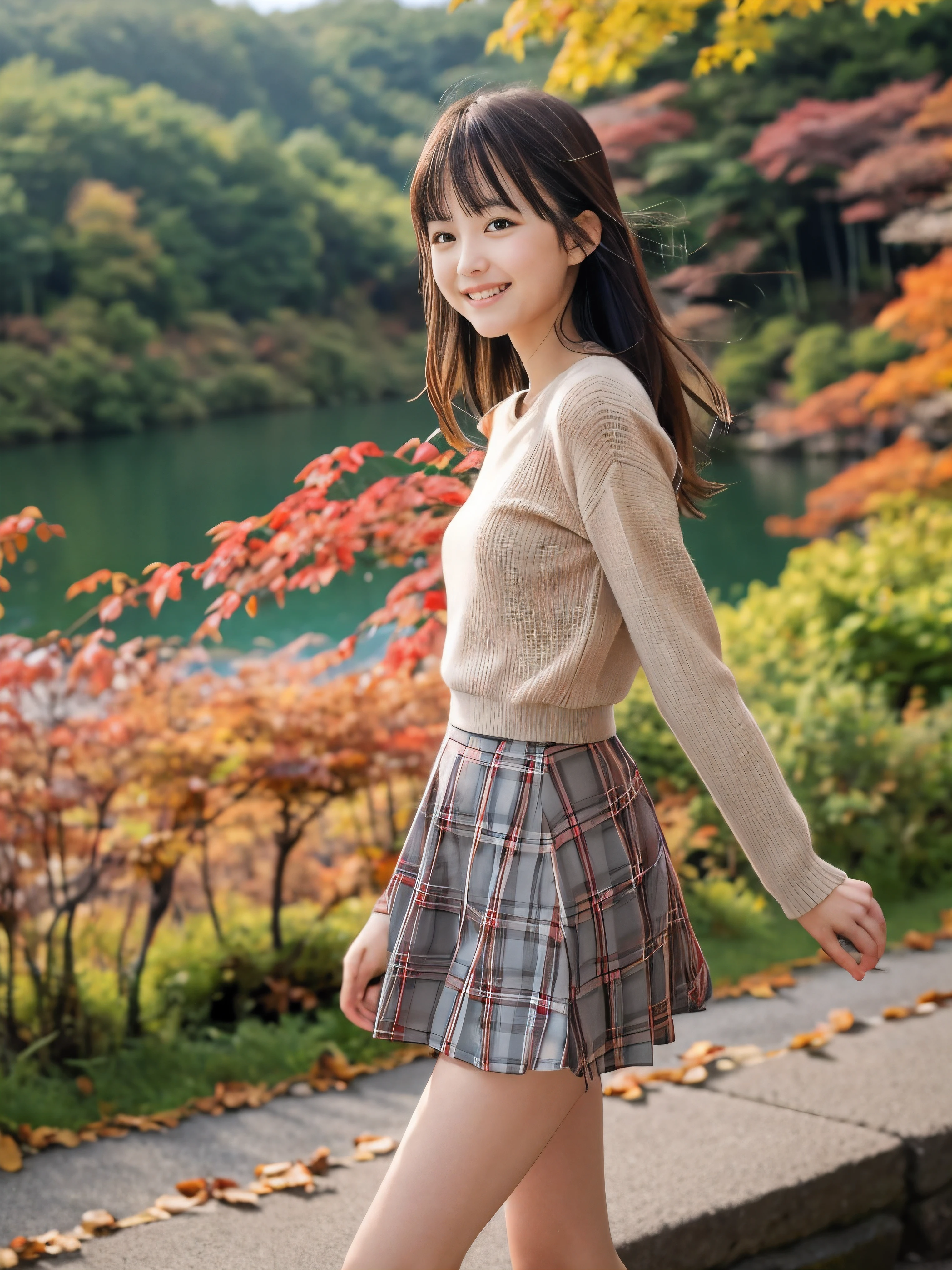 (Close up face shot of one slender small breasts half up brown long hair with bangs girl in a long sleeves shirt and sweater and skirt:1.5)、(One girl is dancing with happy smile on the dart road near the lake and big waterfall in Japan:1.5)、(Beautiful autumn red leaves landscpe:1.5)、(Natural light:1.5)、(8k ultra detailed master piece:1.5)、(perfect anatomy:1.5)、(Photorealistic stick:1.5)、(Raw photo:1.3)、(highest quality:1.5)、(High resolution:1.3)、(Delicate and beautiful perfect face:1.3)、(Delicate and beautiful eye air skin:1.3)、(Real Human Skin:1.3)、((thin legs))