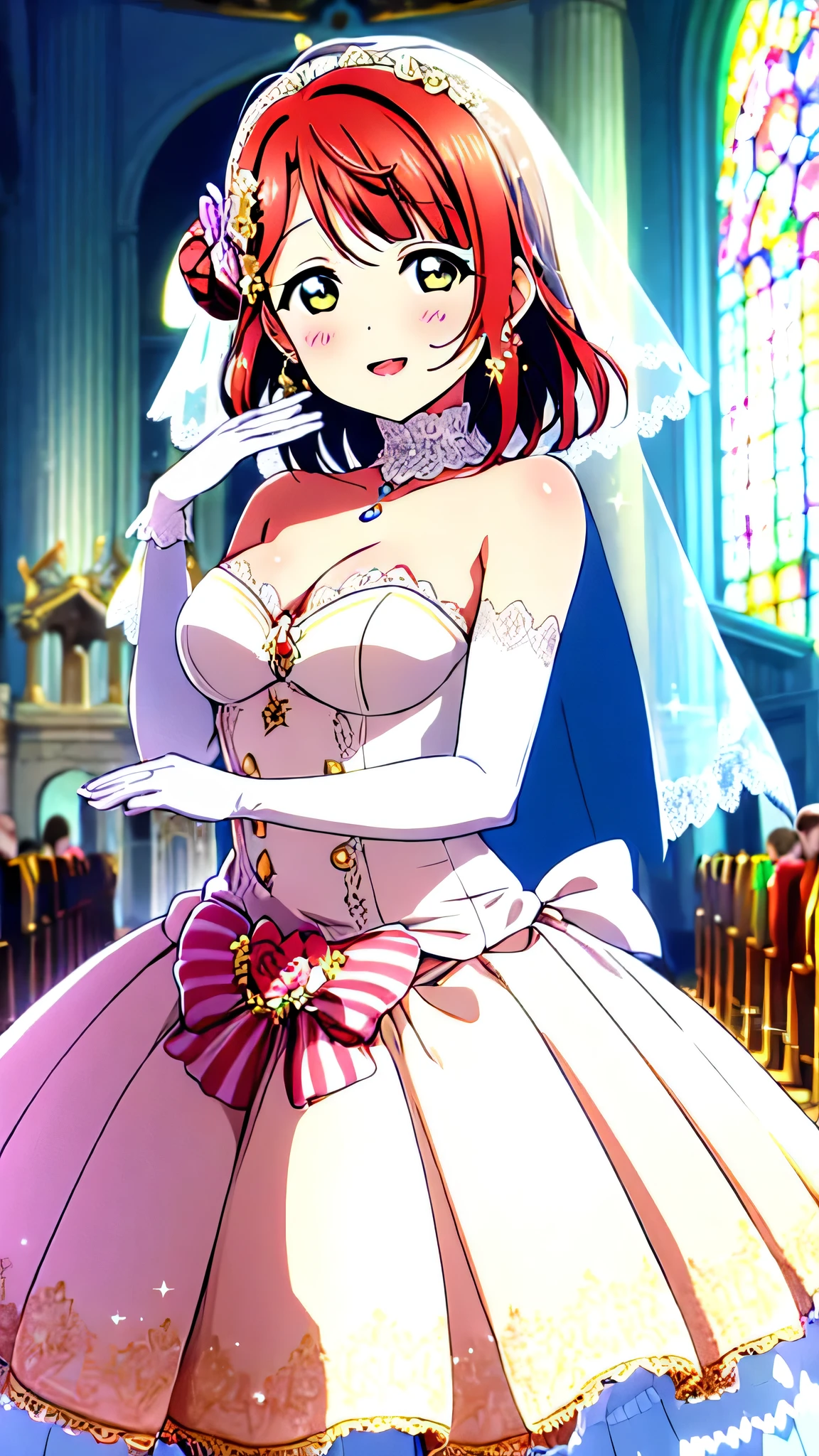 high quality, best quality, masterpiece, Ridiculous, Ayumu Uehara, Wedding Dresses and Jewelry, wedding gloves, wedding veil, Flower Balls, 1 girl, church, marriage