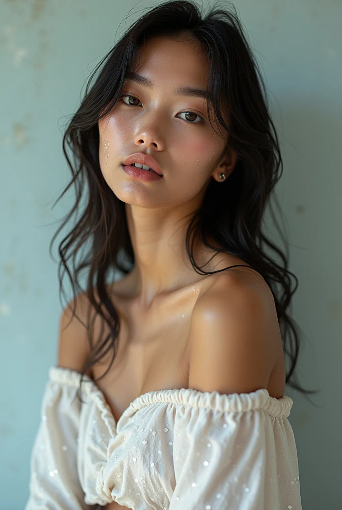 Portrait MagMix Girl look at camera, long hair, naked, big breast, a black wall, natural light, sunlight casting soft shadows, analog film photo, Kodachrome, (nsfw:1.4)