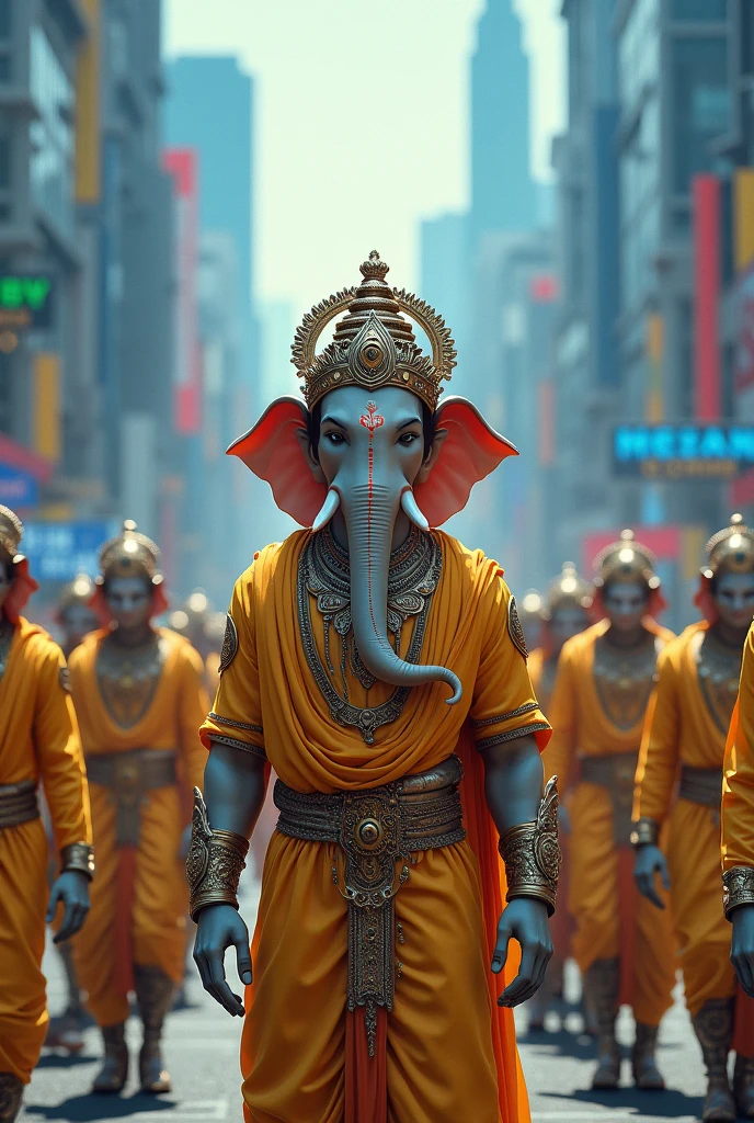 India as a hinduist League of Legend Elephant Godess, six arms creature in saffron, white, green and navy blue. Intricated clothing. Cinematic Fantasy sci-fi landscape background