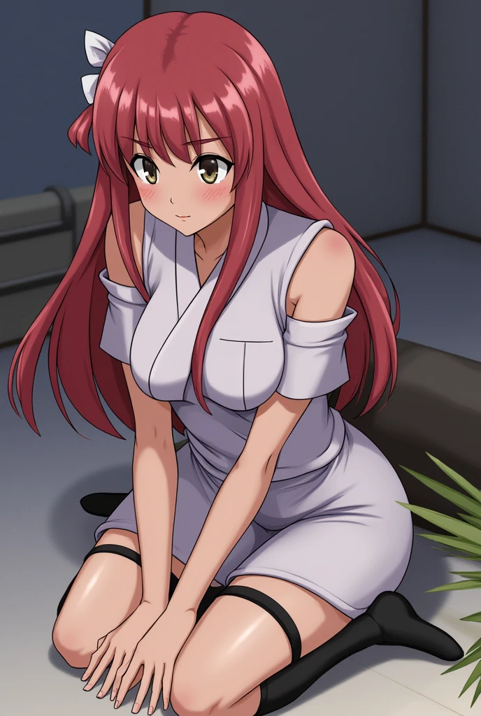 lacus4, ((naked), (topless, nipples), thin girl, best illustration, masterpiece, cowboy shot, very slim shoulders, 4K, Best Quality, Anime style: 1.9, happy, Adult Woman, (ultra detailed head), Drawing lines, high resolution, lacus4), 1girl, Solo, curvy figure, clavicle, scapular, (Detailed wide hair bangs, Hair Ornament, Detailed reddish-pink hair, shiny streaks, slim arms, detailed golden crest), large hands, (hair cover shoulders). (Big blue eyes, shiny eyes), ((slim arms, thighs)), ((perfect proportions, medium thighs, medium-small breasts)), ((red bikini top, red bikini top, red arm band, red arm band, long boots)), smile, (sitting on bench at locker room, hot colors), closed fists, (bare shoulders)