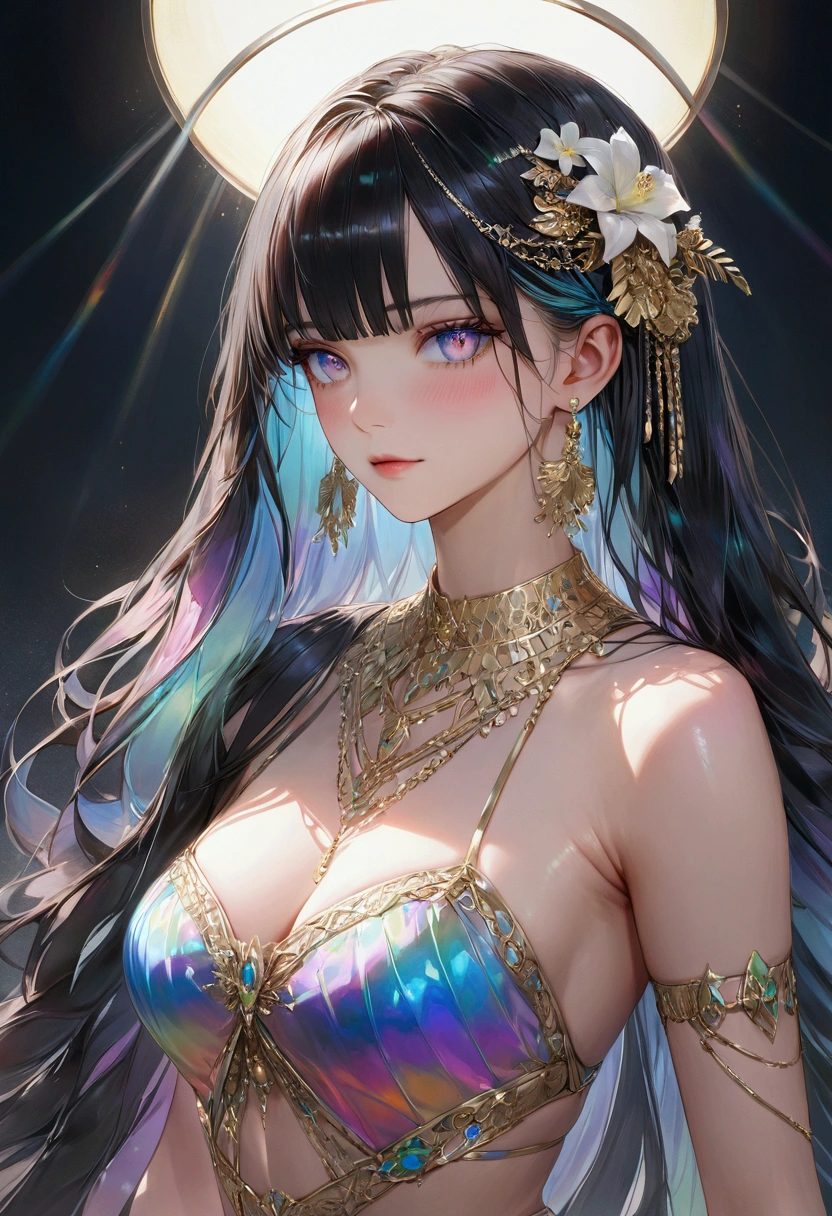 (masterpiece), best quality, expressive eyes, perfect face, Girl,long dark iridescent hair, iridescent eyes, small waist, small , large thighs,divine dress, fully covered