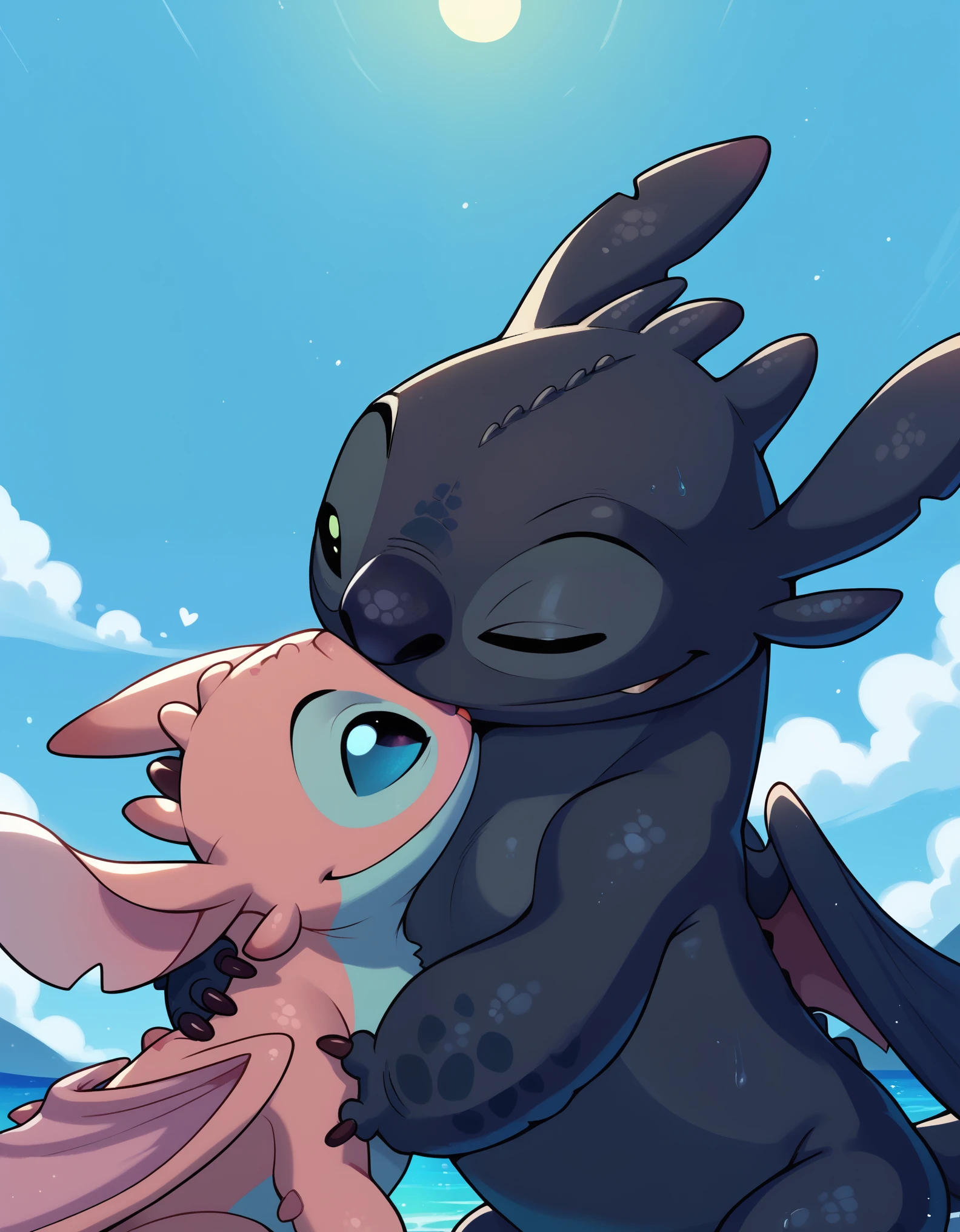 black dragon toothless, Stitch and stoothless_httyd are Cuddle together, stoothless_httyd Kissing Stitch on his forehead Super Cute