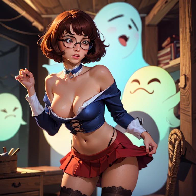 (mkvd, Best Quality, 8k, masterpiece: 1.3, photorealistic, raw photo, High resolution, 1 girl, beautiful girl, Velma, s3xysch00lg1rl), dynamic position, beautiful, dynamism, Detailed face, detailed eyes, detailed lips, Detailed fingers, Detailed mouth, perfect anatomy, toned legs, rounded eyes, puppet, moistened lips, open legs, sweaty, camel hoof shape, vapor: 1.5, scary face, scared, nipple shape, you can see the navel, good hips, final, (shy girl), Wide hips, diaphragm, hip swing, final, shy, nerdy girl, Glasses,  (ginger hair), fringe, short hair, Brown eyes, parts, big breasts, Lips, half-open lips. (wet tight clothing), glasses, bare shoulders, (((orange Off-the-shoulder crop top with hanging High neck and long sleeves))), ((mini pleated Red skirt)), Tight, (orange thigh high stockings), stockings with strap, (Lace G-string), (Red mini skirt lift), high heel, bows. abandoned cabin in the middle of the woods, Very dark, Wide shot, shot from below,  (((around, group of degenerate stalker excited ghosts, surrounded, molested, chikan, grabbing, by ghosts))).