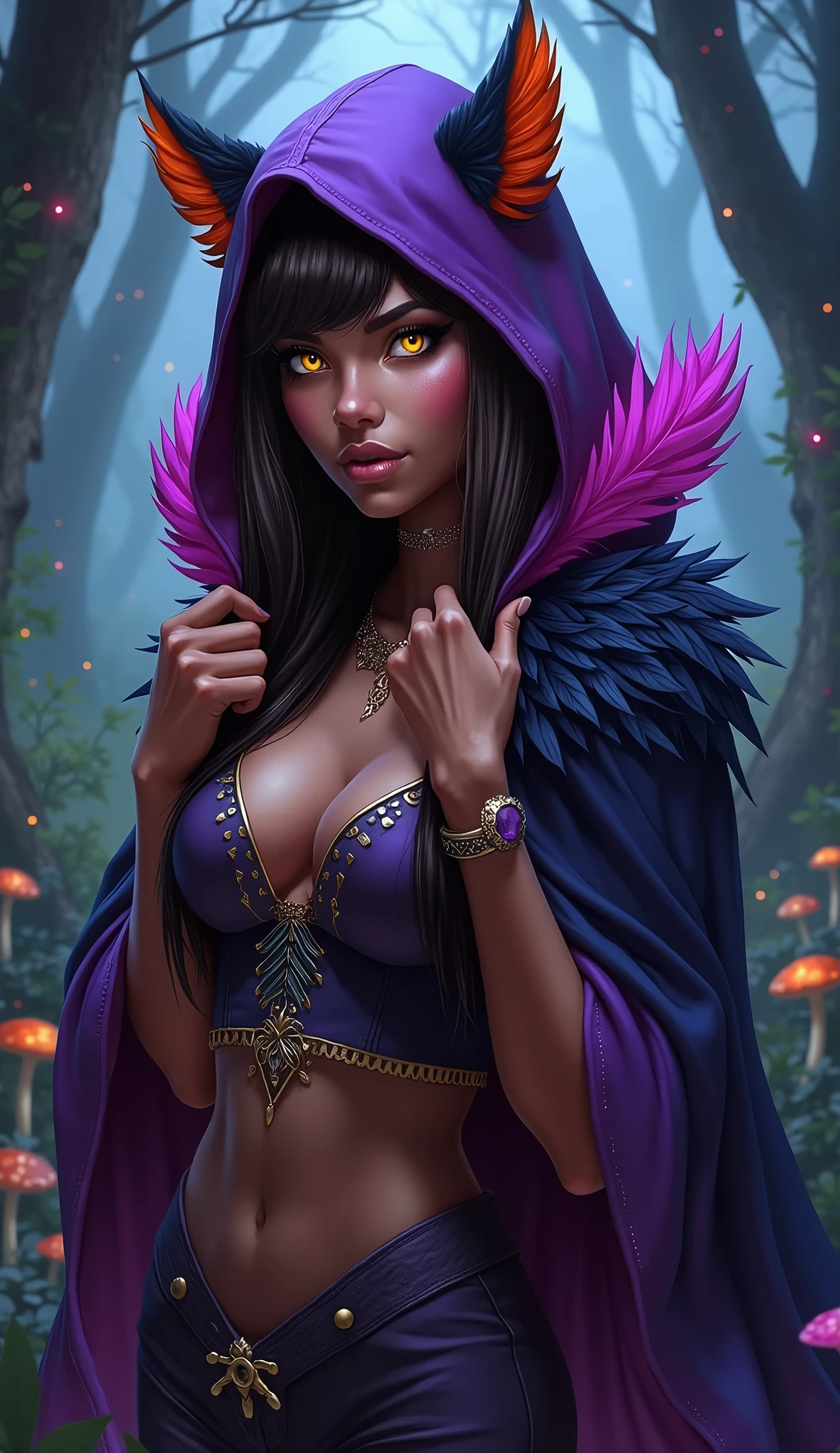 gothic reindeer girl,(((1girl))),((extremely cute and beautiful black hair with purple streaks anime gothic reindeer girl)),
(((anthro furry:1.2), Playboy_Reindeer, reindeer_antlers,(huge antlers:1.5,dear antlers:1.5,blooming antlers:1.5))),(large breasts:1.4),saggy breasts,((((black hair with purple streaks:1.35,short hair,ear breathing)))),(((red_eyes:1.3))),intricate eyes,beautiful detailed eyes,symmetrical eyes,big eyes:1.5,(((lustrous skin:1.5,bright skin: 1.5,skin tanned,shiny skin,very shiny skin,shiny body,plastic glitter skin,exaggerated shiny skin,illuminated skin))),(spider lower abdomen,narrow waist,wide hip,athletic body,inflated legs,thick thighs,detailed body,(detailed face)),
cute,slutty,seductive,erotic,(((nsfw))),
zettai ryouiki,revealing clothes,show skin,((huge cleavage:1.5)),(((underboob))),(((eyeshadow,egyptian makeup,eyelid makeup))),(((bare chested,furry tribal clothing, black clothes))),
(dynamic pose:1.0),embarrassed,(centered,scale to fit dimensions,Rule of thirds),
((snowy pine forest)),winter,scenery:1.25,((intricate scenery)),((snow forest background)),
(Glossy goth ornaments),highres,sharp focus,(ultra detailed,extremely detailed),(photorealistic artwork:1.37),(extremely detailed CG unity 8k wallpaper),(((vibrant colors,vibrant theme))),(intricate),(masterpiece),(best quality),