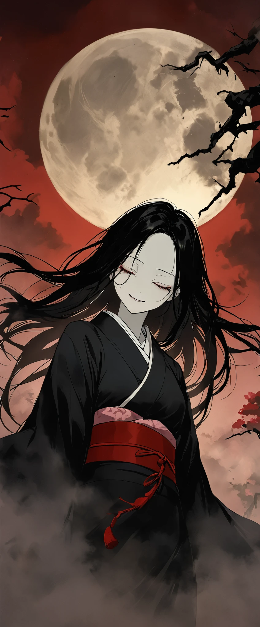 close your eyes。Black Hair.Straight long hair。forehead。Bust Shot。spooky。smile。Pure white skin。alone。The lower half is shrouded in fog。A woman is floating。The sound of bells。darkness。fear。spookyな雰囲気。Japan。Tattered black kimono。night。Red Belt。Black silk kimono。。cherry blossoms。full moon。Red Sky。cherry blossomsの花。Horror,Chiaroscuro,Angle from below。