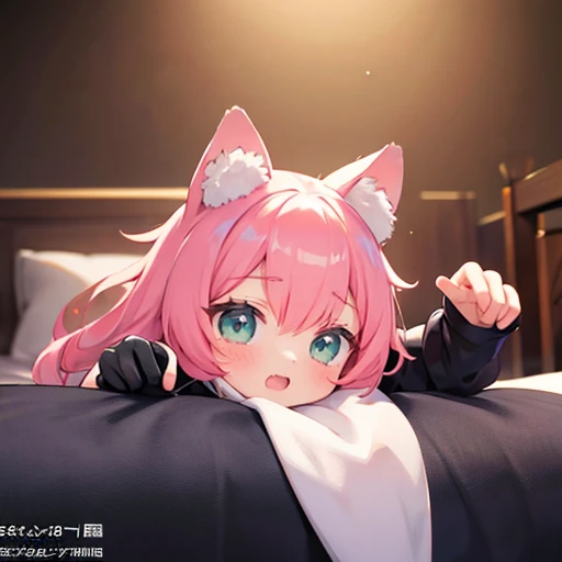 A girl, Height 150 cm, Cat ear, Catwoman，Pink Hair(best quality,4K,8K,high resolution,masterpiece:1.2),Very detailed,(Practical,photoPractical,photo-Practical:1.37),HDR,Ultra-high quality,Studio Lighting,Ultrafine,Stay focused,Physically Based Rendering,Very detailed的描述,professional,Vibrant colors,Bokeh,portrait,Anime style，charming的,Kawaii,charming的,elegant,beautiful,charming，full-body shot，JK，White，The correct number of limbs，Correct number of fingers，Reasonable body proportions，Delicate face，Correct limb length，The face is rich in detail，Sitting on the bed
