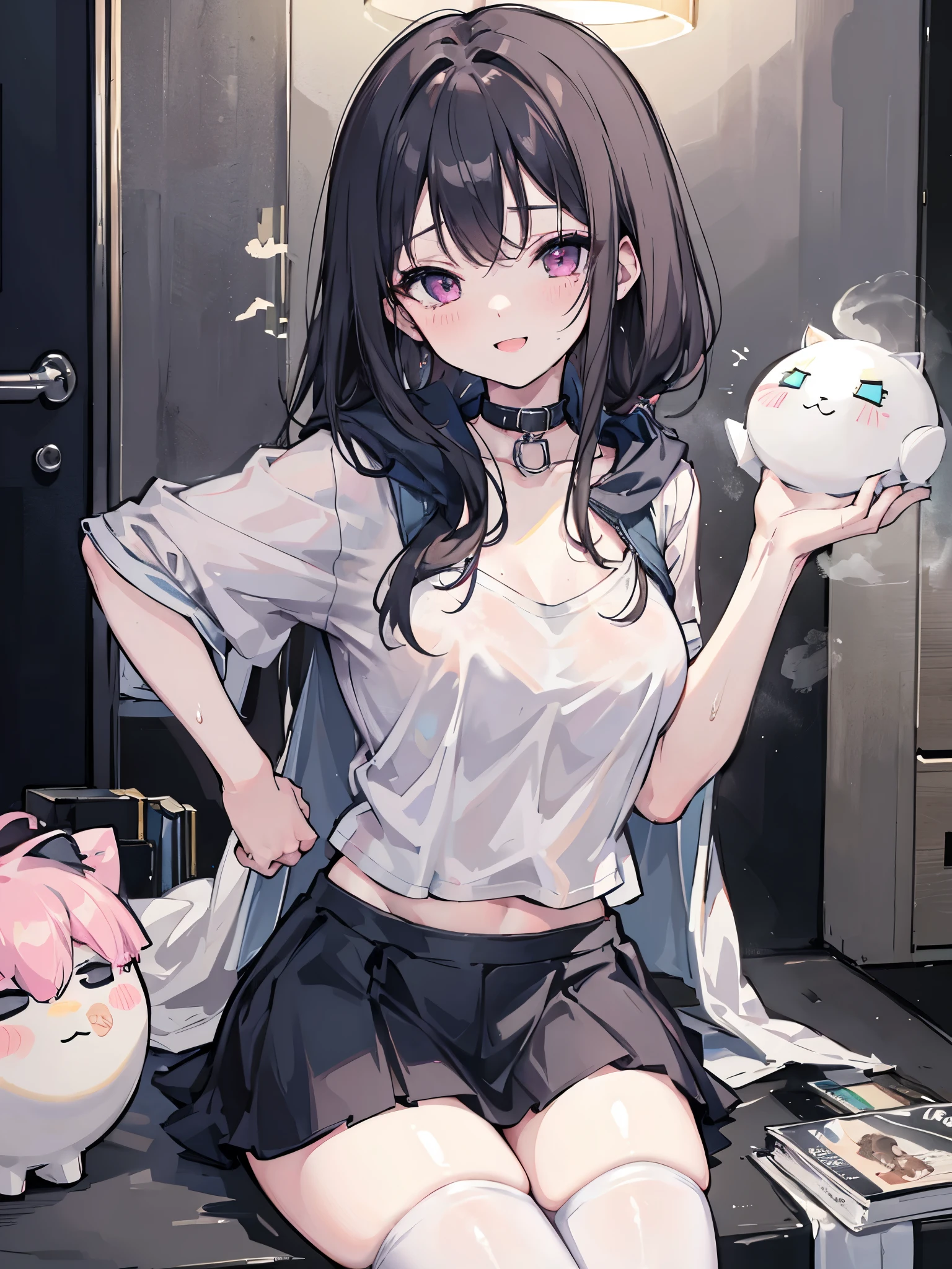 masterpiece:2.0、4K、Highest quality、Highest Resolution、Highest quality、detailed、Gentle contrast、Depth of writing、Simple Background、alone、1 girl、Height: 172cm、E Cup、Accurate hands、arm、side、feet、Thighs、Ideal body type、White skin、Vibrant makeup、dark grey HAIR、Shining Eyes、Pink eyes、Wearing a black collar around his neck、hoodie、mini skirt、tights、sneakers、blush、sexual excitement、smile、provoke、Embarrassed、Wet、Steaming、Sexy