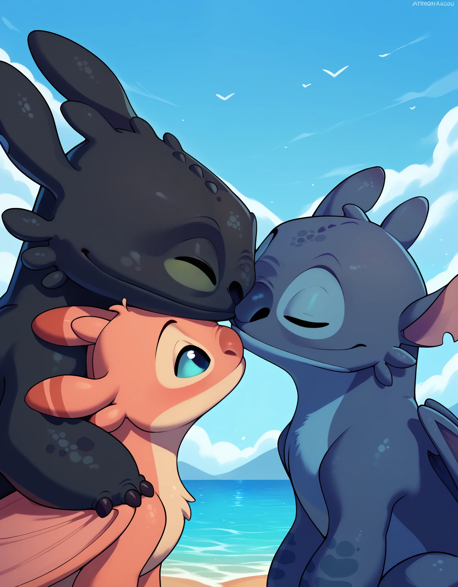 black dragon toothless, Stitch and stoothless_httyd | How to Train Your Dragon are Cuddle together, stoothless_httyd | How to Train Your Dragon Kissing Stitch on his forehead Super Cute