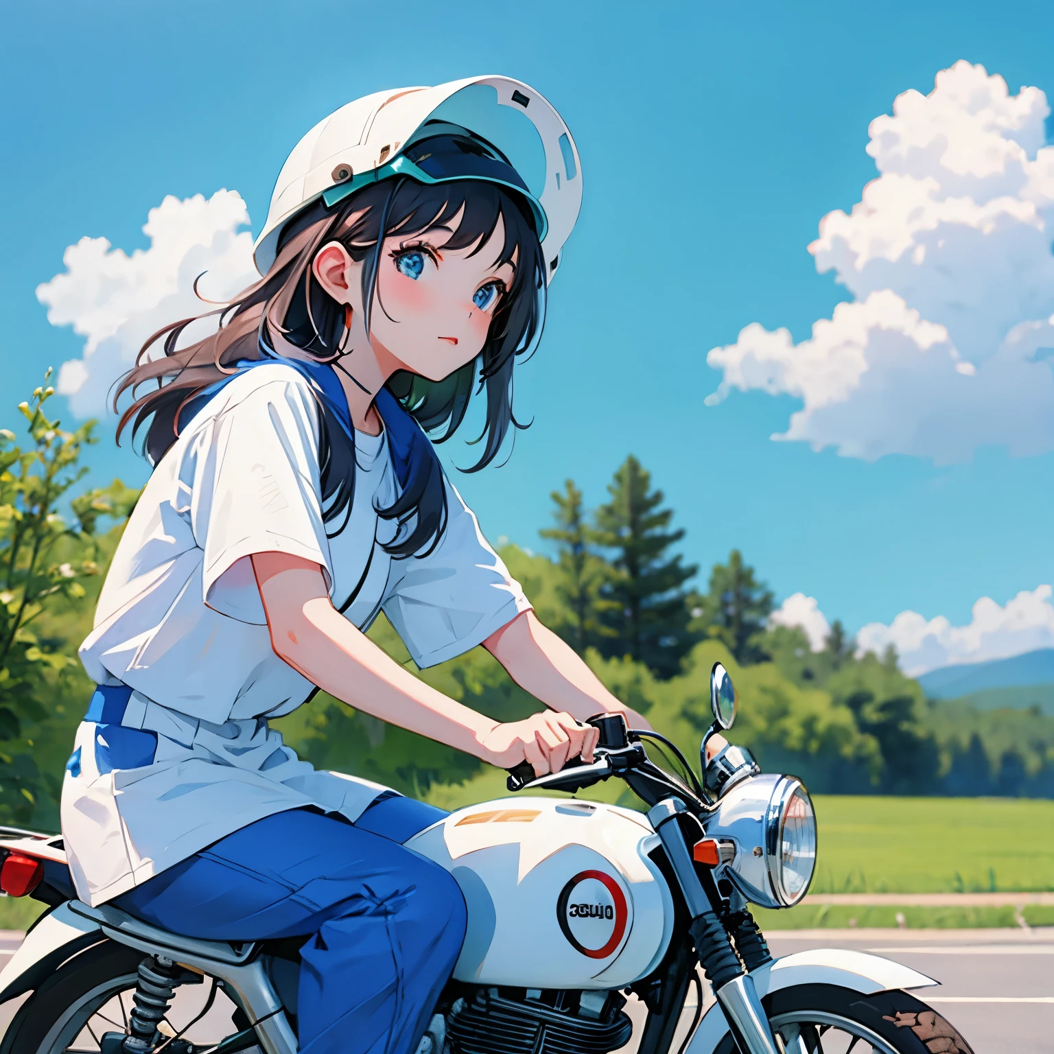 One Honda Super Cub 50 and one girl, blue skies, a girl with long hair, a helmet, a road that seems to go on forever, riding a Super Cub.
